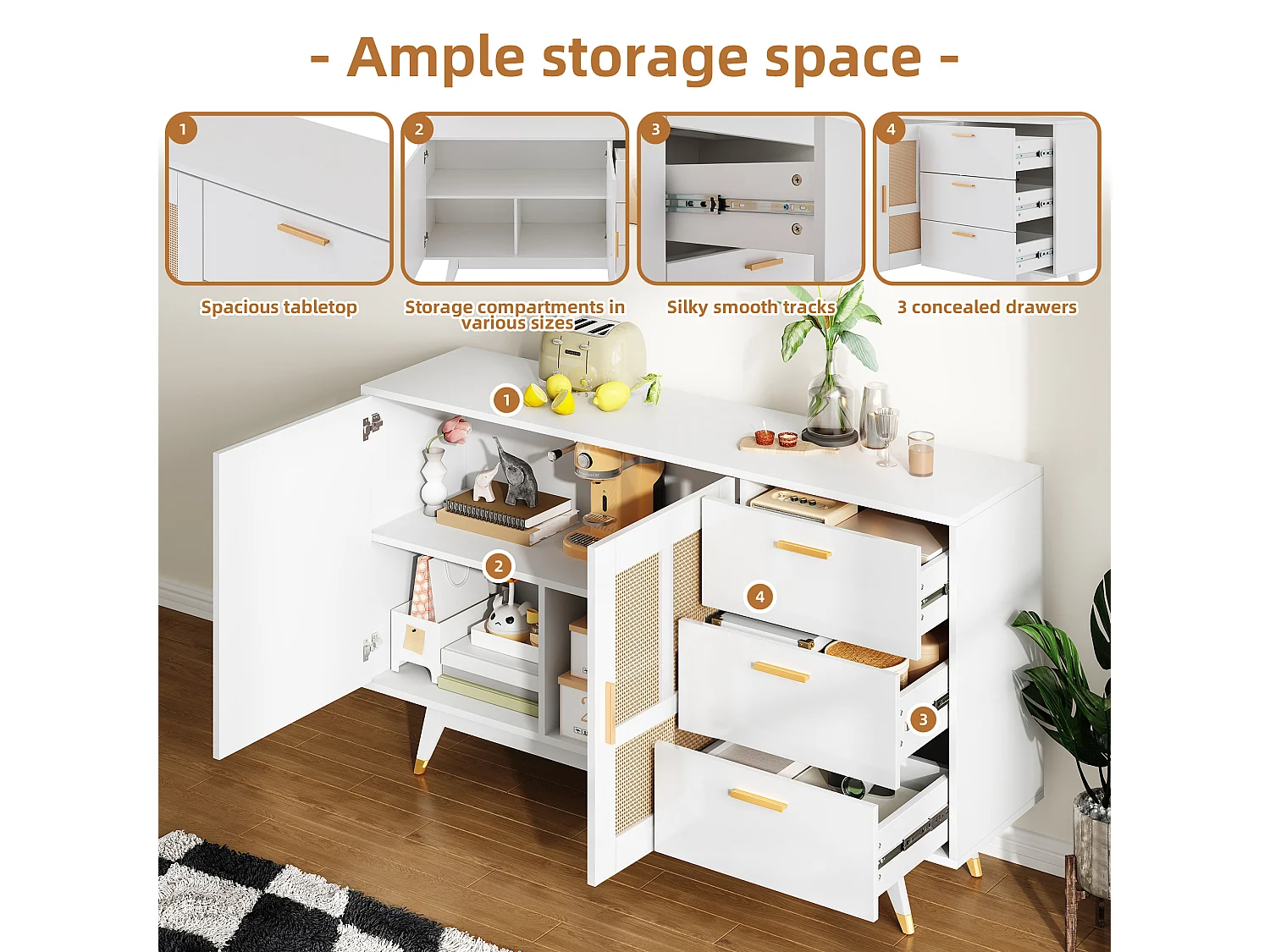 Buffet moderne avec 2 portes et 3 tiroirs - 160 x 40 x 87 cm - Panneaux de particules - pour salle à manger - Blanc