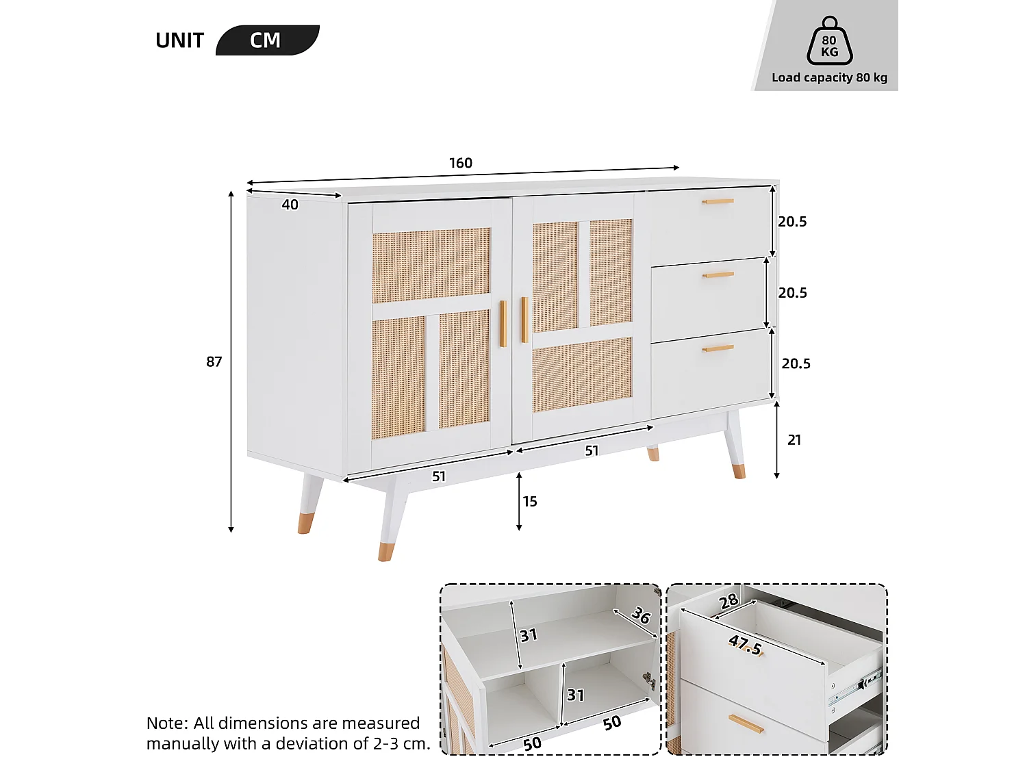 Buffet moderne avec 2 portes et 3 tiroirs - 160 x 40 x 87 cm - Panneaux de particules - pour salle à manger - Blanc