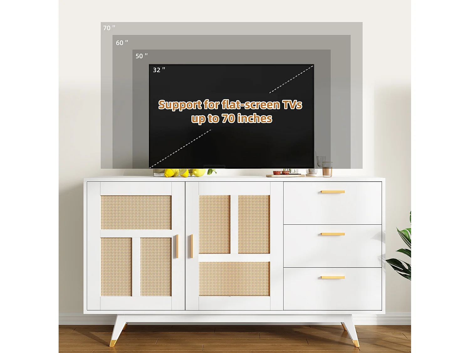 Buffet moderne avec 2 portes et 3 tiroirs - 160 x 40 x 87 cm - Panneaux de particules - pour salle à manger - Blanc