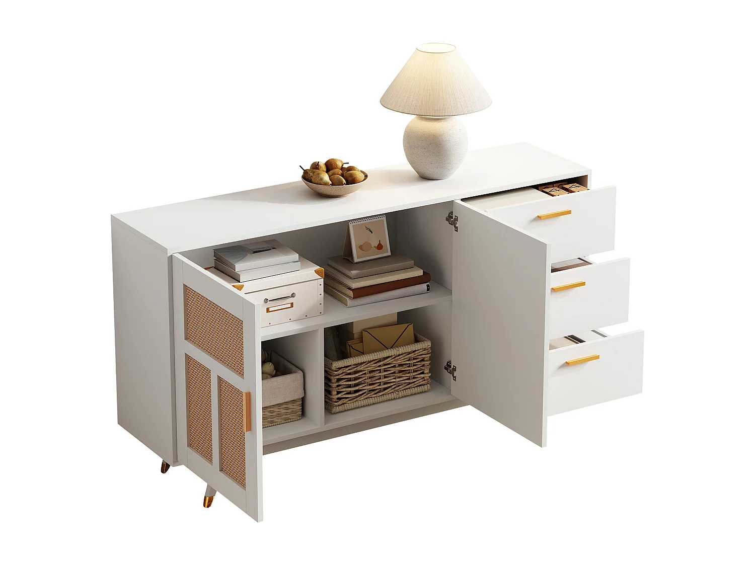 Buffet moderne avec 2 portes et 3 tiroirs - 160 x 40 x 87 cm - Panneaux de particules - pour salle à manger - Blanc