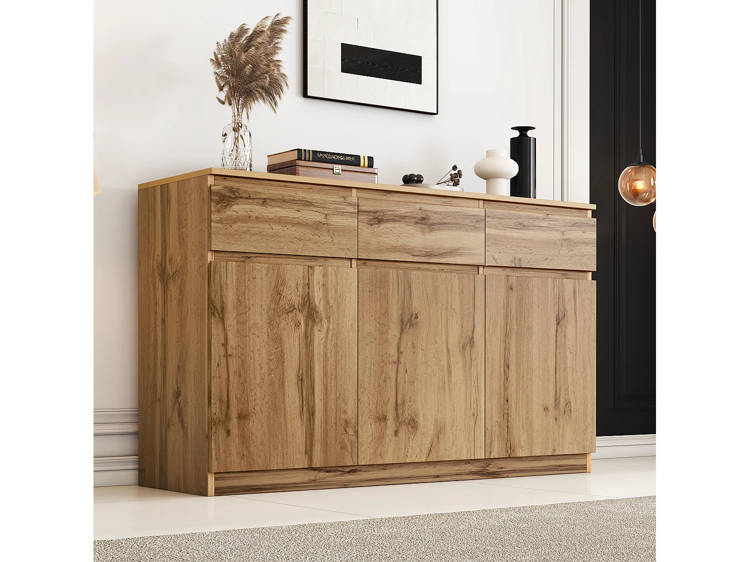 Buffet moderne avec 3 tiroirs et 3 portes - 135 x 40 x 81 cm - Panneaux de particules - pour salle à manger - Coloris bois