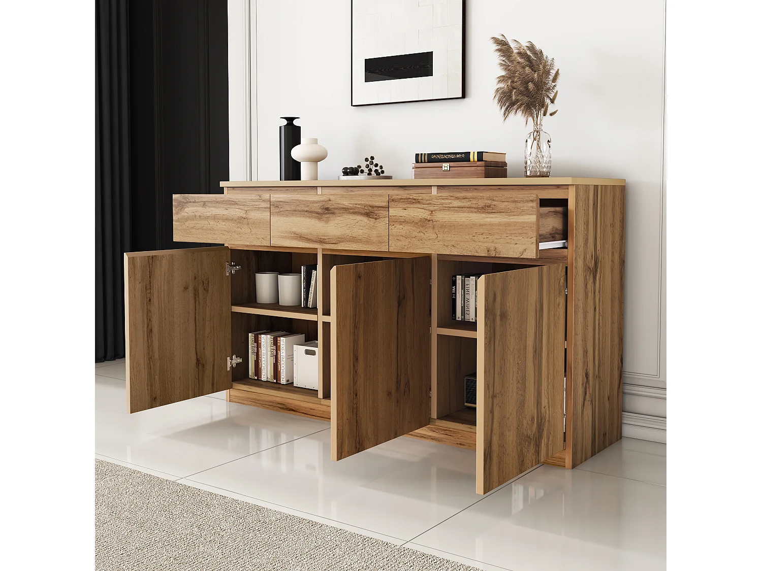 Buffet moderne avec 3 tiroirs et 3 portes - 135 x 40 x 81 cm - Panneaux de particules - pour salle à manger - Coloris bois