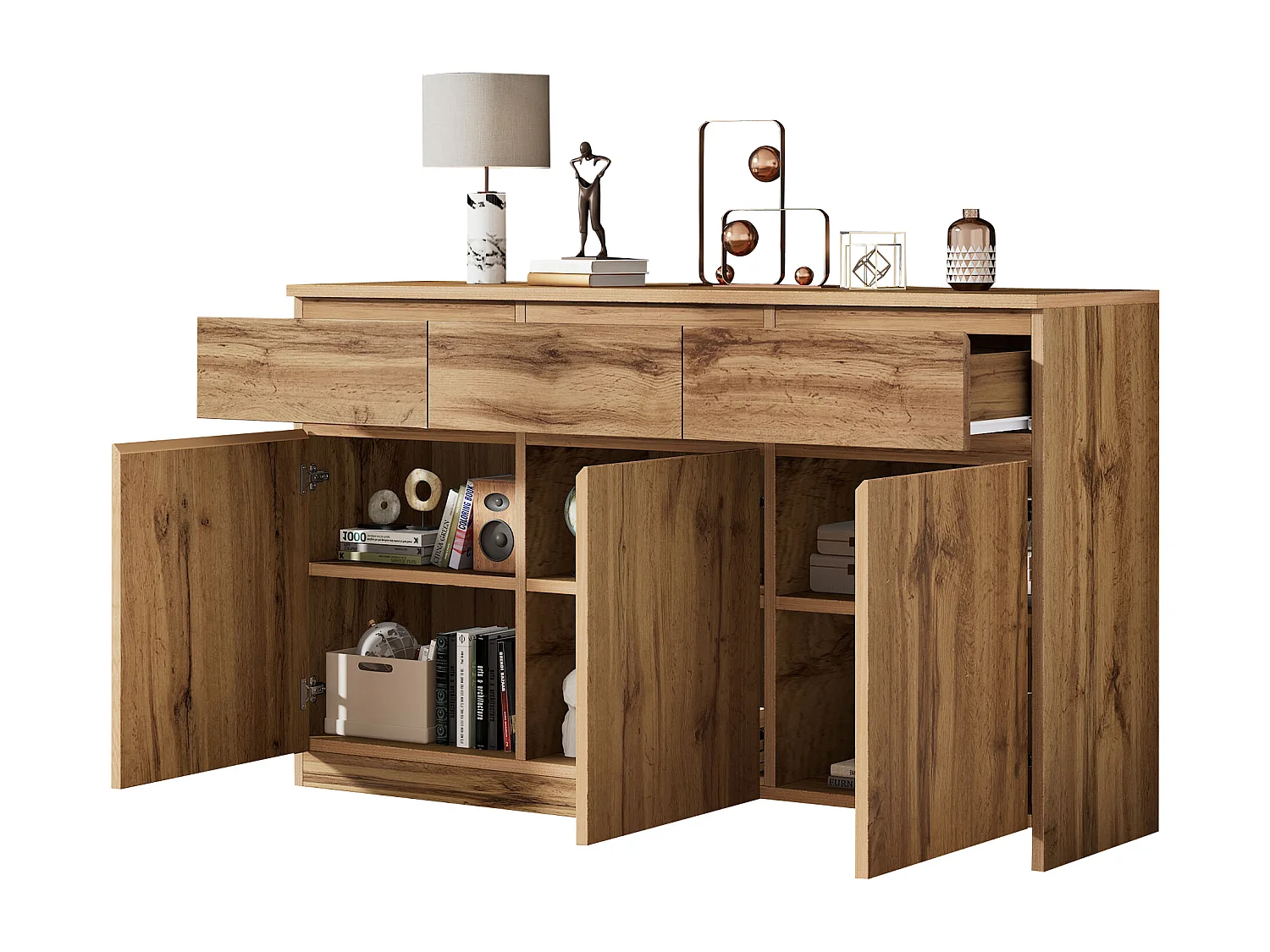 Buffet moderne avec 3 tiroirs et 3 portes - 135 x 40 x 81 cm - Panneaux de particules - pour salle à manger - Coloris bois
