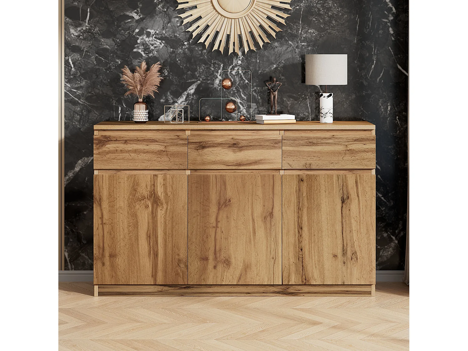 Modernes Sideboard mit 3 Schubladen und 3 Türen - 135 x 40 x 81 cm - Spanplatte - für Esszimmer - Holzfarbe