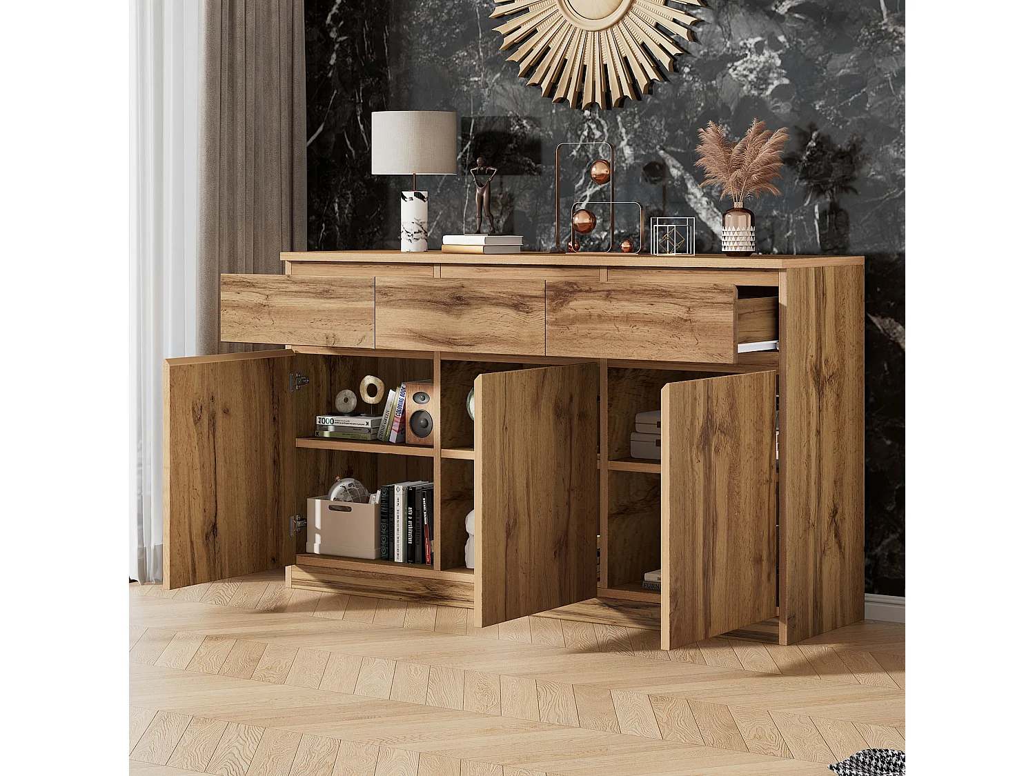 Modernes Sideboard mit 3 Schubladen und 3 Türen - 135 x 40 x 81 cm - Spanplatte - für Esszimmer - Holzfarbe