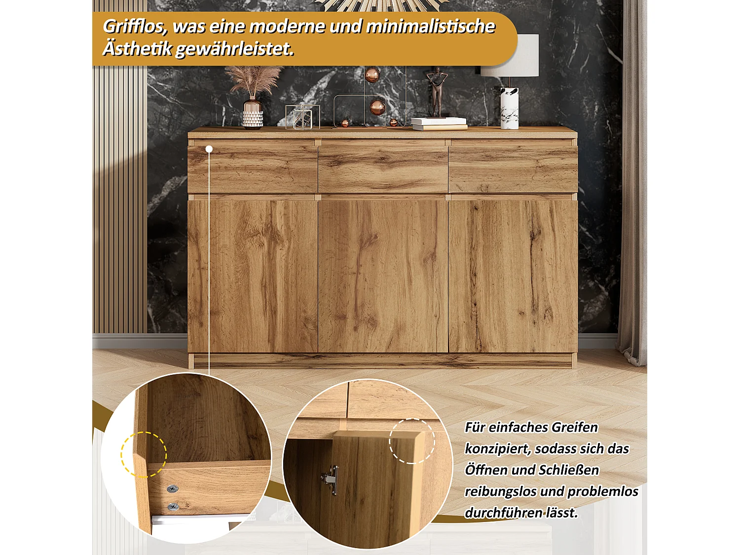 Modernes Sideboard mit 3 Schubladen und 3 Türen - 135 x 40 x 81 cm - Spanplatte - für Esszimmer - Holzfarbe