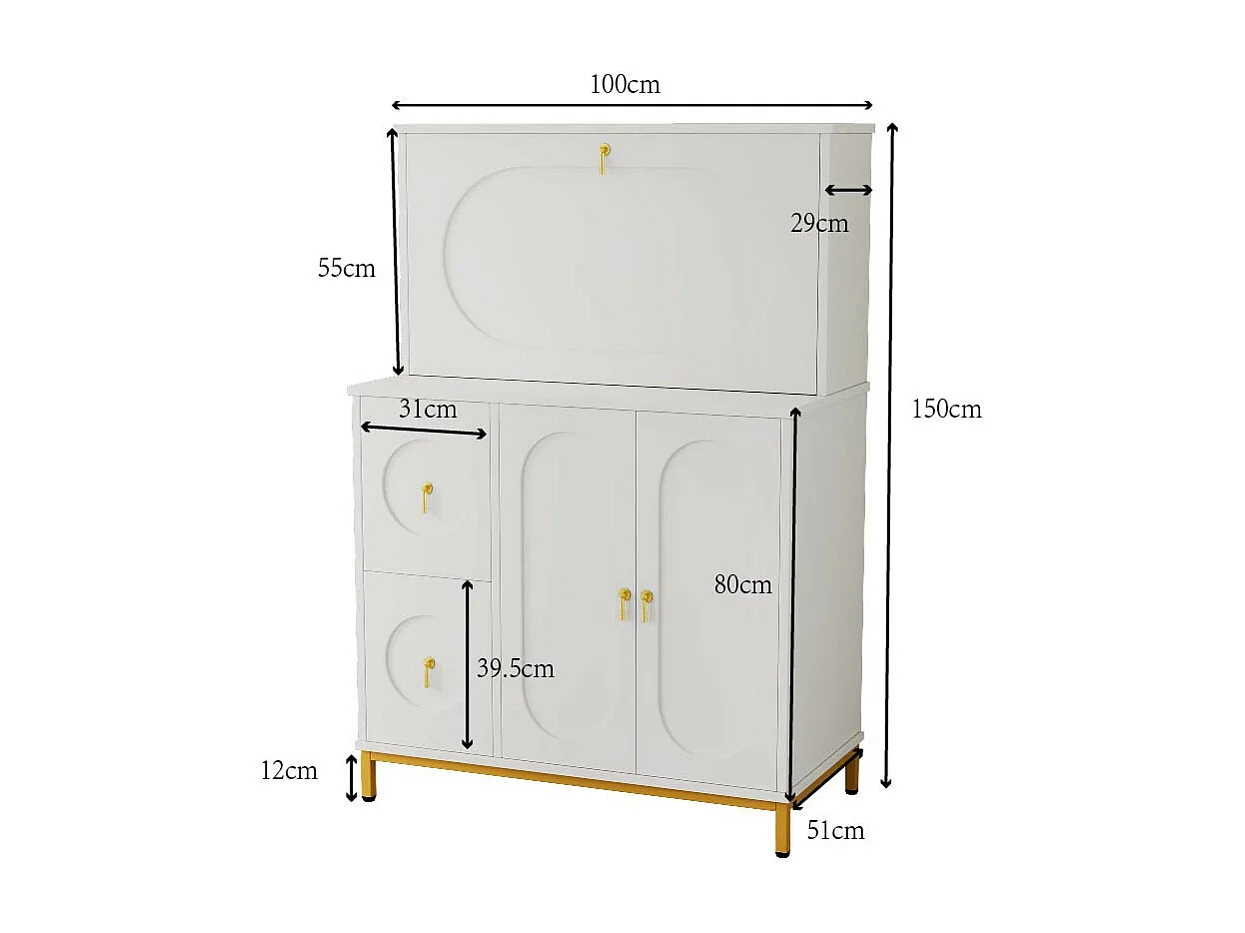 Buffet avec 3 portes et 2 tiroirs, Bureau - 100 x 51 x 150 cm - Bois MDF - Blanc