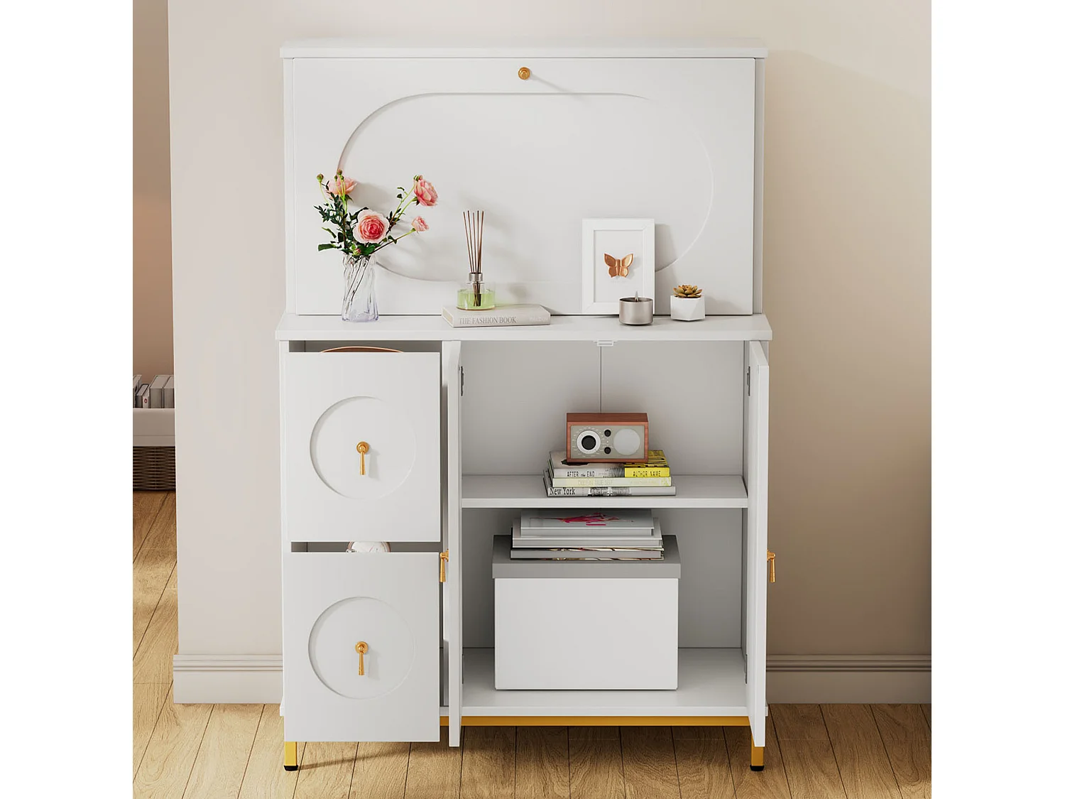 Buffet avec 3 portes et 2 tiroirs, Bureau - 100 x 51 x 150 cm - Bois MDF - Blanc