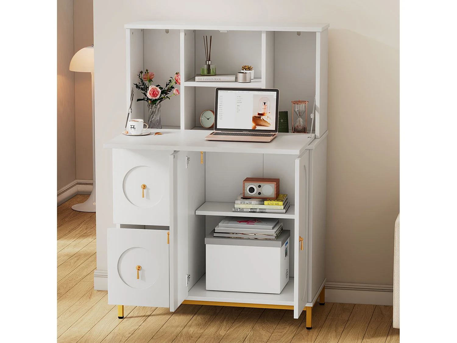 Buffet avec 3 portes et 2 tiroirs, Bureau - 100 x 51 x 150 cm - Bois MDF - Blanc
