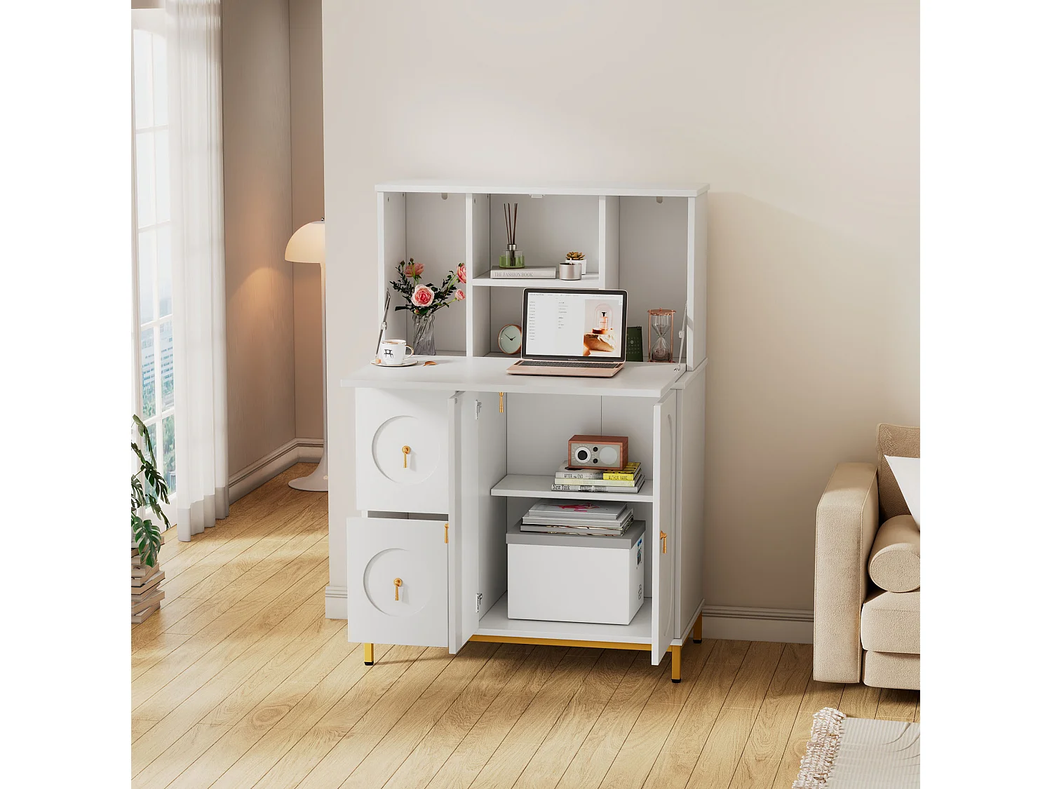 Buffet avec 3 portes et 2 tiroirs, Bureau - 100 x 51 x 150 cm - Bois MDF - Blanc