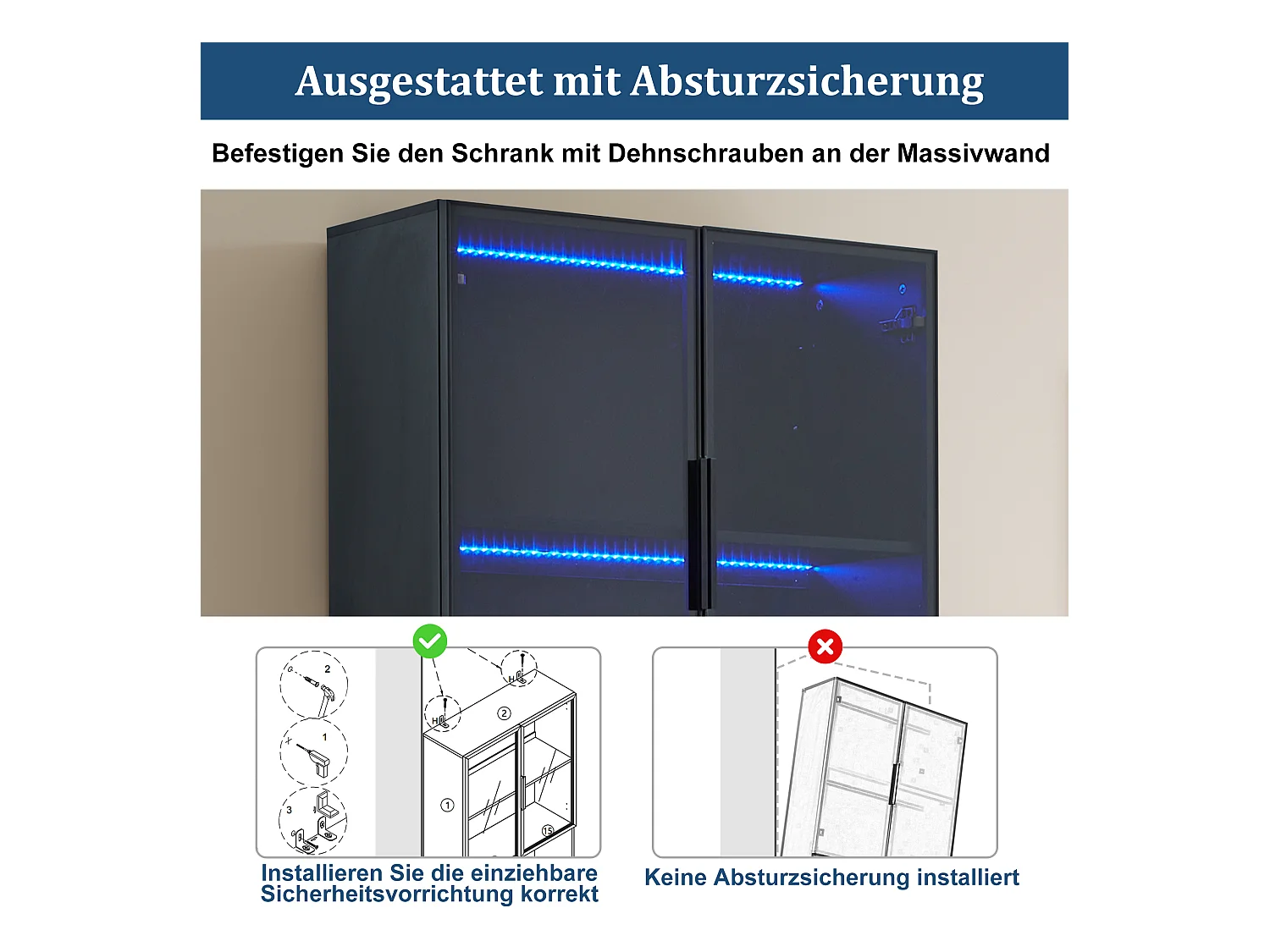 Witryna z 4 drzwiami - 160 x 30 x 200 cm - diody LED - płyta wiórowa i szkło - biała