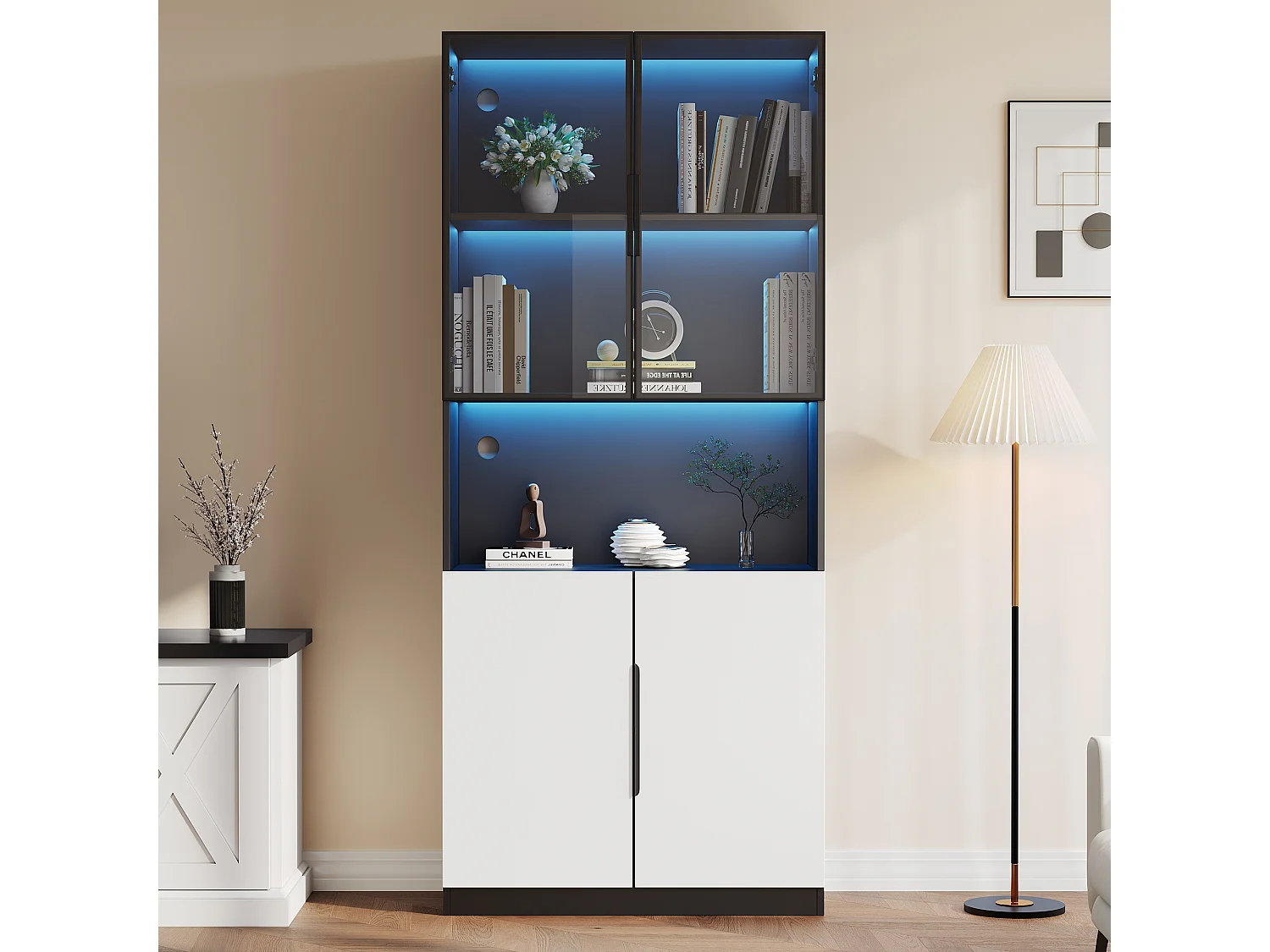 Vitrine avec 4 portes - 160 x 30 x 200 cm - LEDs - Panneaux de particules et verre - Blanc