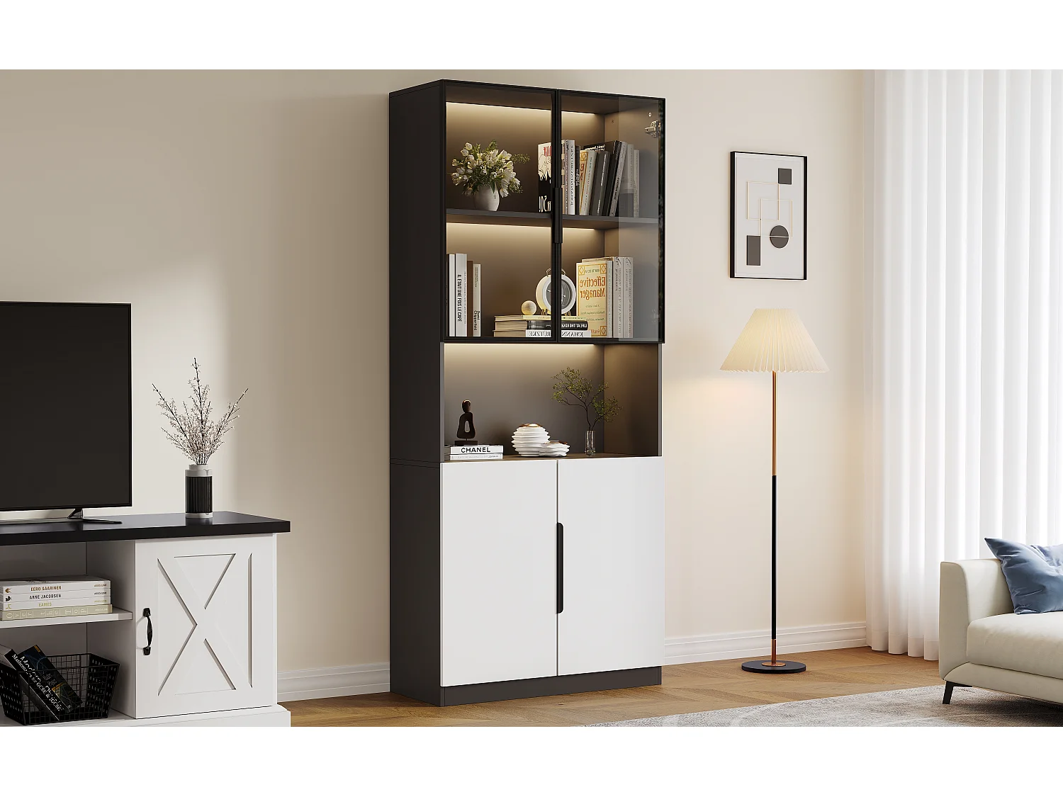 Vitrine avec 4 portes - 160 x 30 x 200 cm - LEDs - Panneaux de particules et verre - Blanc