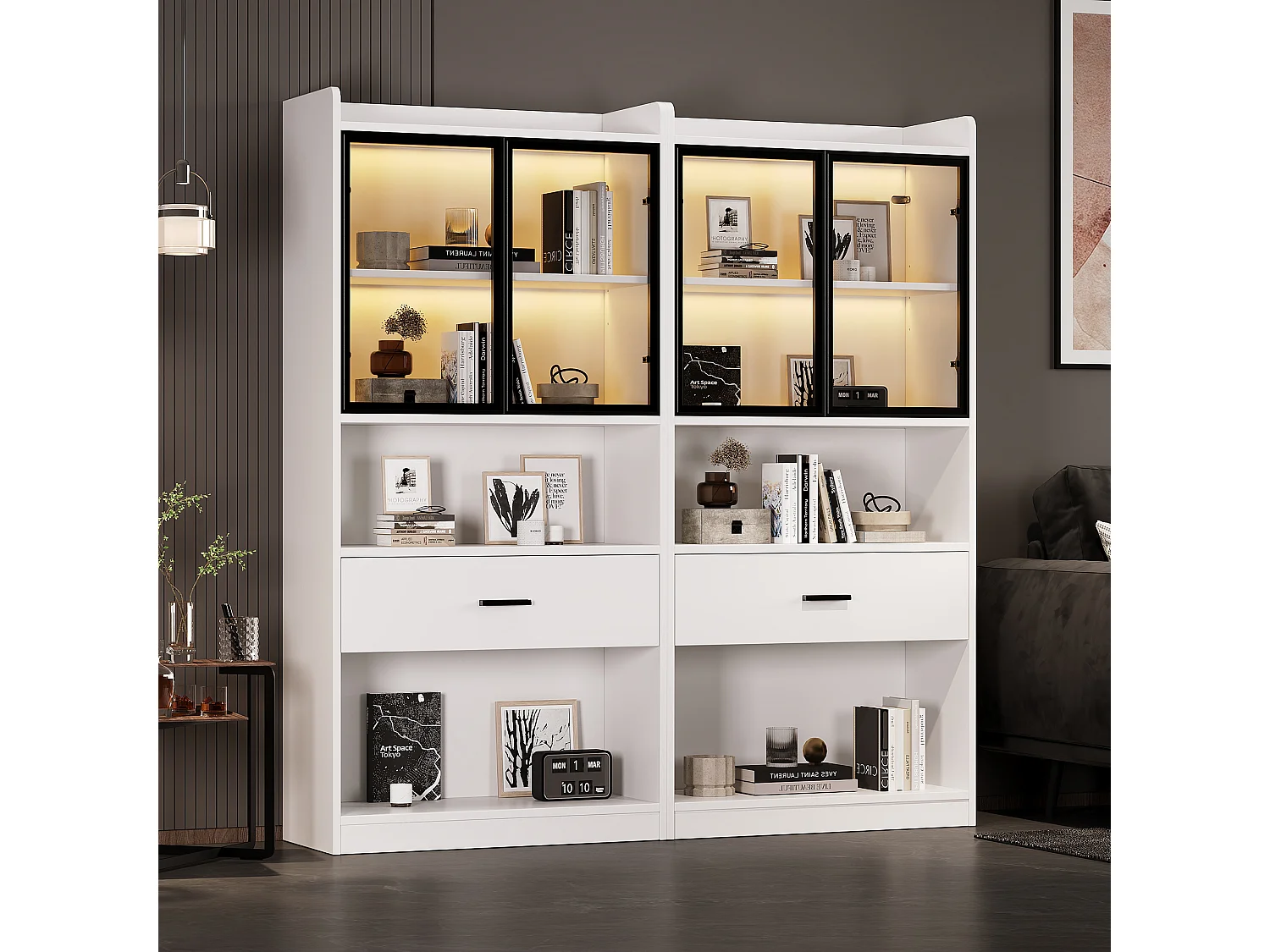 Vitrine mit 4 Glastüren und 2 Schubladen - 160 x 35,2 x 153,5 cm - LEDs - Spanplatte - Weiß