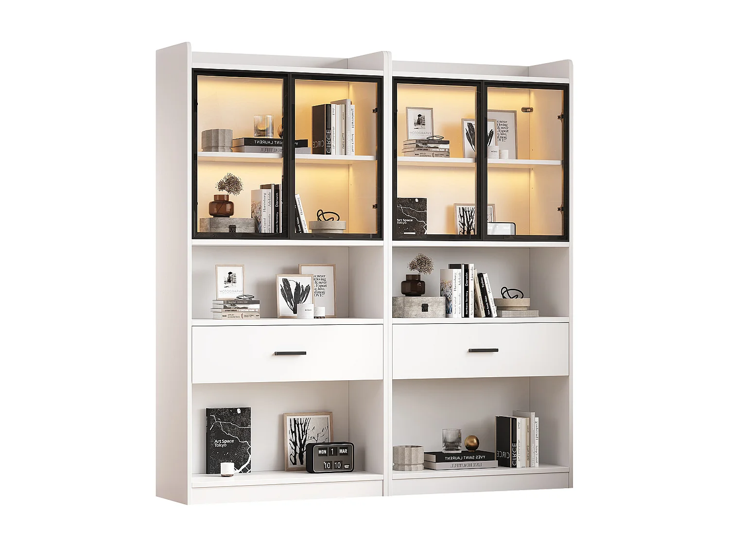 Vitrine mit 4 Glastüren und 2 Schubladen - 160 x 35,2 x 153,5 cm - LEDs - Spanplatte - Weiß