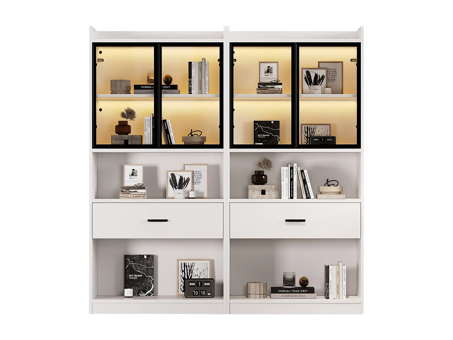 Vitrine mit 4 Glastüren und 2 Schubladen - 160 x 35,2 x 153,5 cm - LEDs - Spanplatte - Weiß