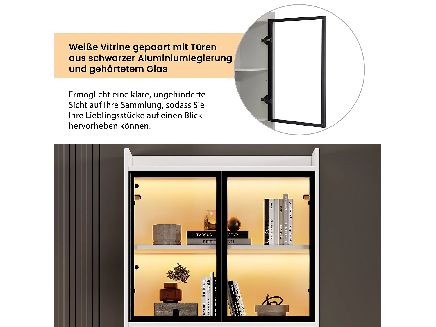 Vitrine mit 4 Glastüren und 2 Schubladen - 160 x 35,2 x 153,5 cm - LEDs - Spanplatte - Weiß