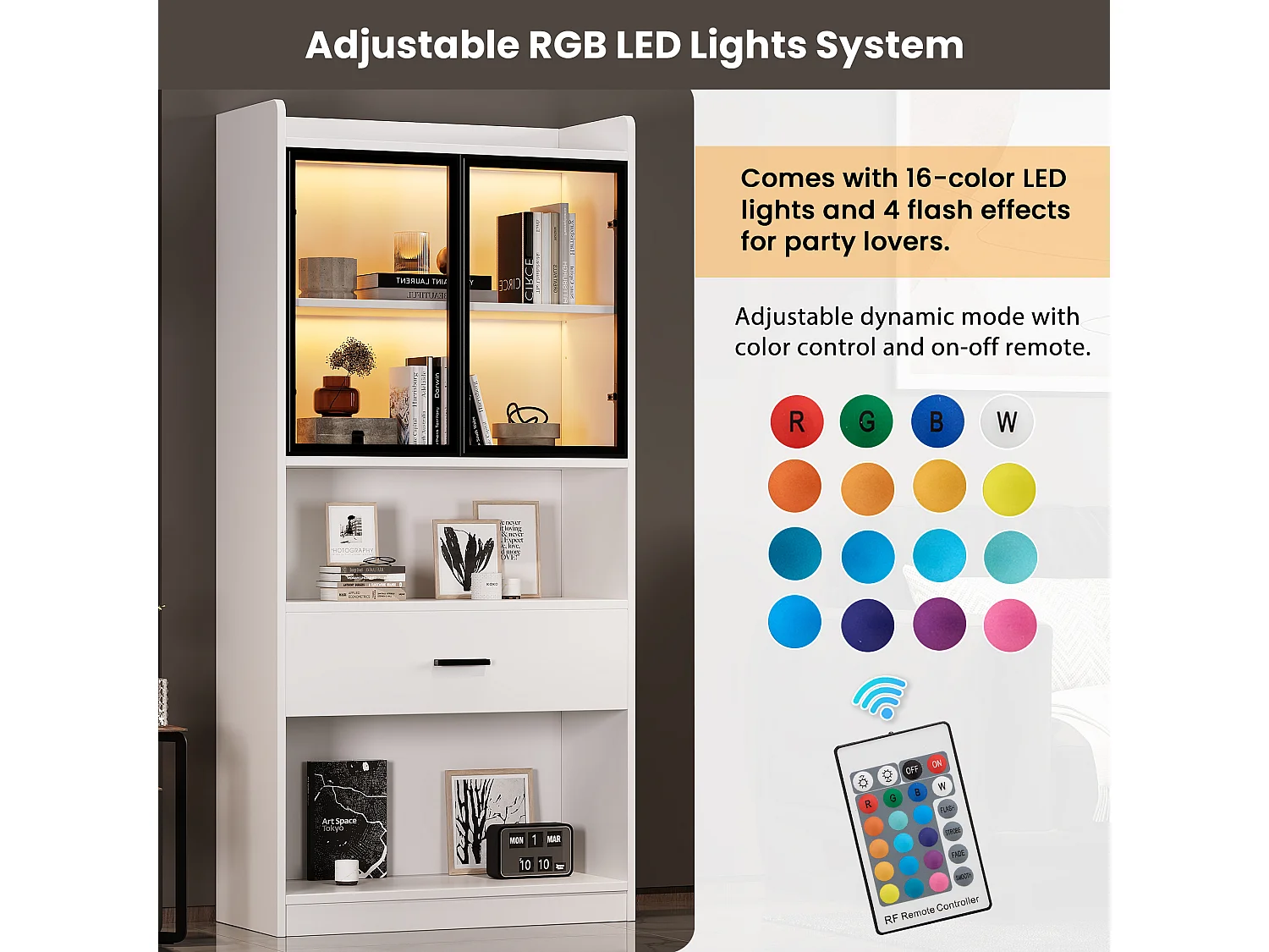 Vitrine mit 4 Glastüren und 2 Schubladen - 160 x 35,2 x 153,5 cm - LEDs - Spanplatte - Weiß