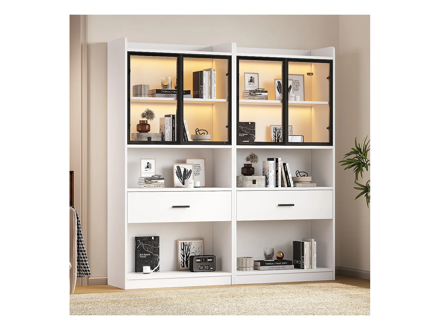 Vitrine avec 4 portes en verre et 2 tiroirs - 160 x 35.2 x 153.5 cm - LEDs - Panneaux de particules - Blanc