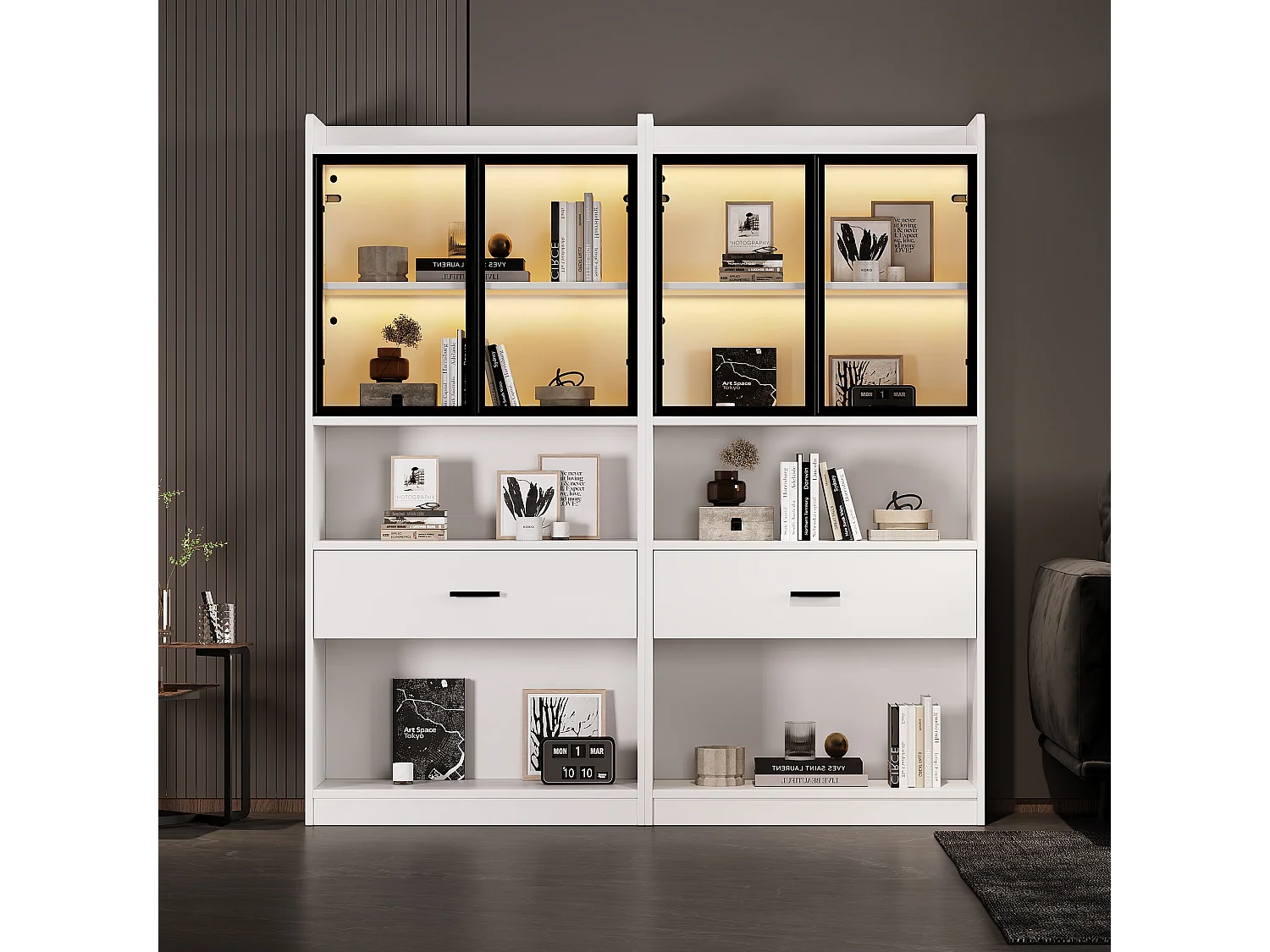 Witryna z 4 drzwiami szklanymi i 2 szufladami - 160 x 35,2 x 153,5 cm - diody LED - płyta wiórowa - kolor biały