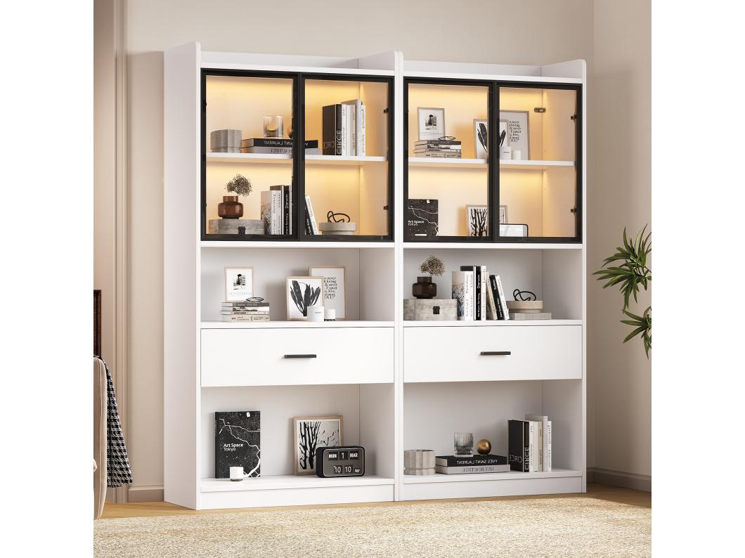 Vitrina con 4 puertas de cristal y 2 cajones - 160 x 35,2 x 153,5 cm - LED - Tablero de partículas - Blanco