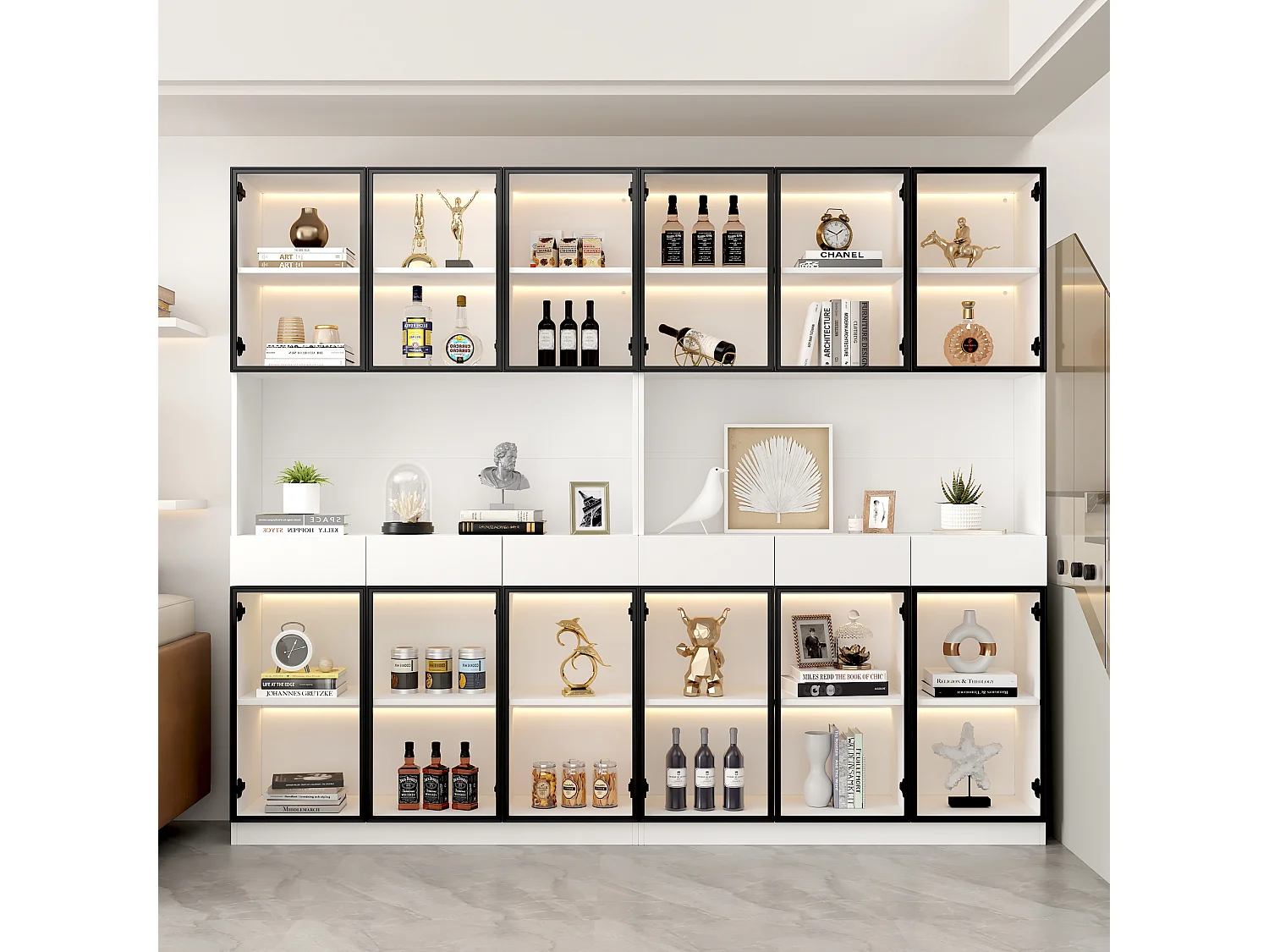 Vitrine avec 12 portes en verre et 6 tiroirs - 240 x 36 x 200 cm - LEDs - Panneaux de particules - Blanc