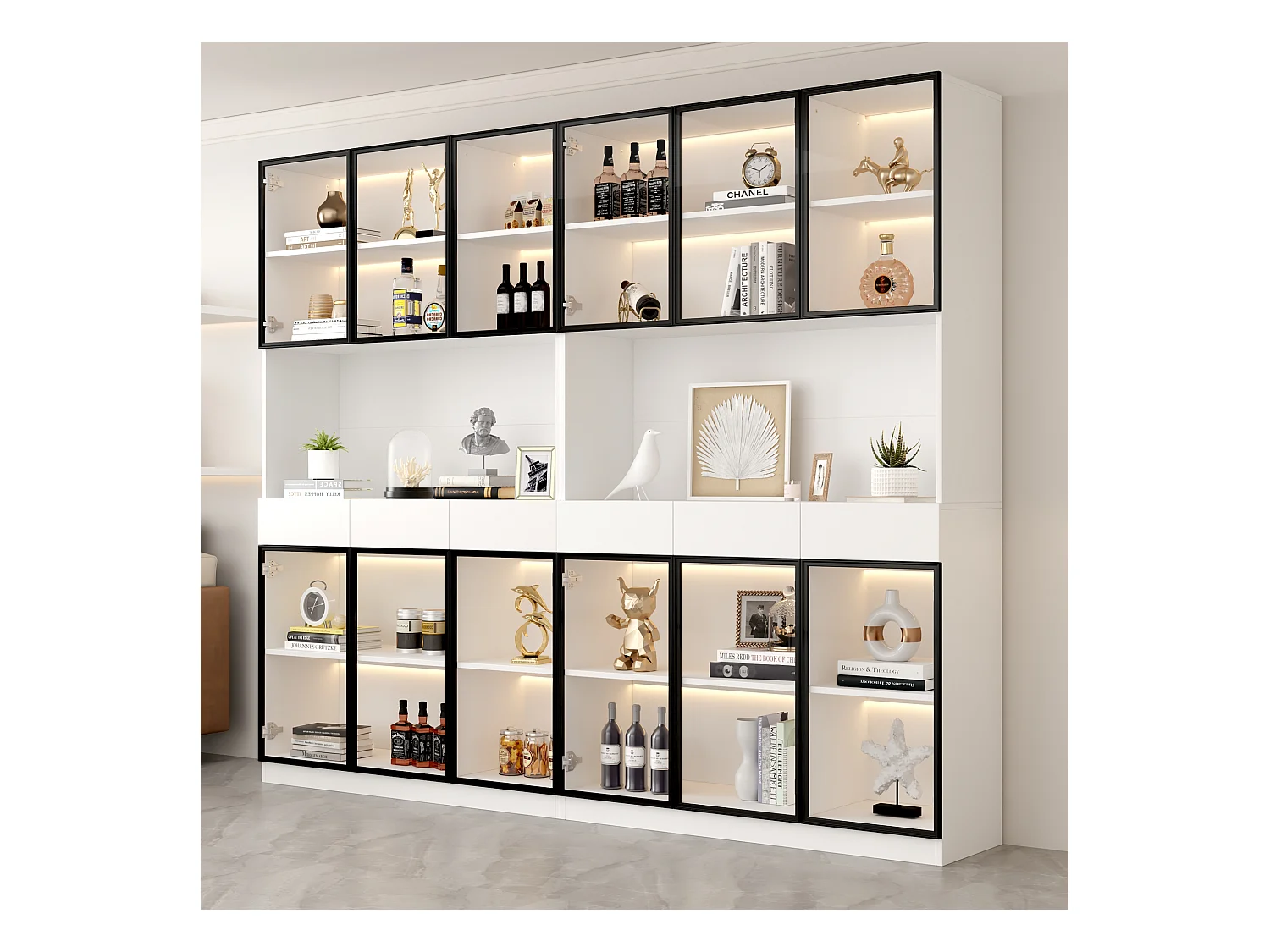 Vitrine mit 12 Glastüren und 6 Schubladen - 240 x 36 x 200 cm - LEDs - Spanplatte - Weiß