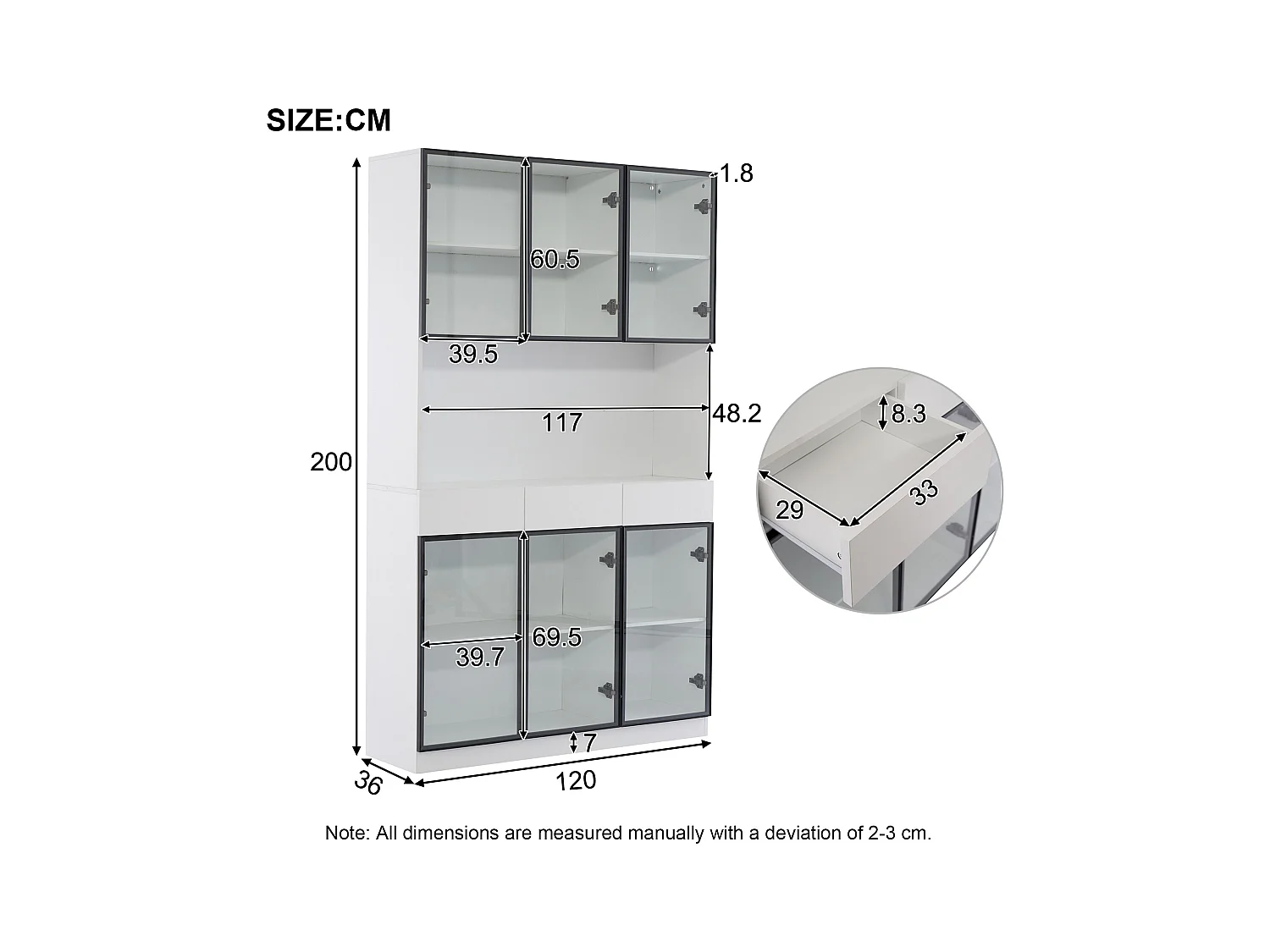 Vitrine mit 12 Glastüren und 6 Schubladen - 240 x 36 x 200 cm - LEDs - Spanplatte - Weiß