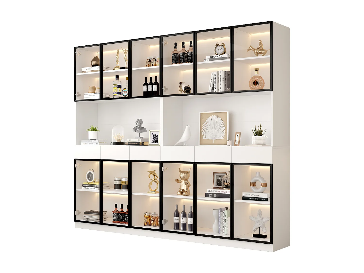 Vitrine avec 12 portes en verre et 6 tiroirs - 240 x 36 x 200 cm - LEDs - Panneaux de particules - Blanc