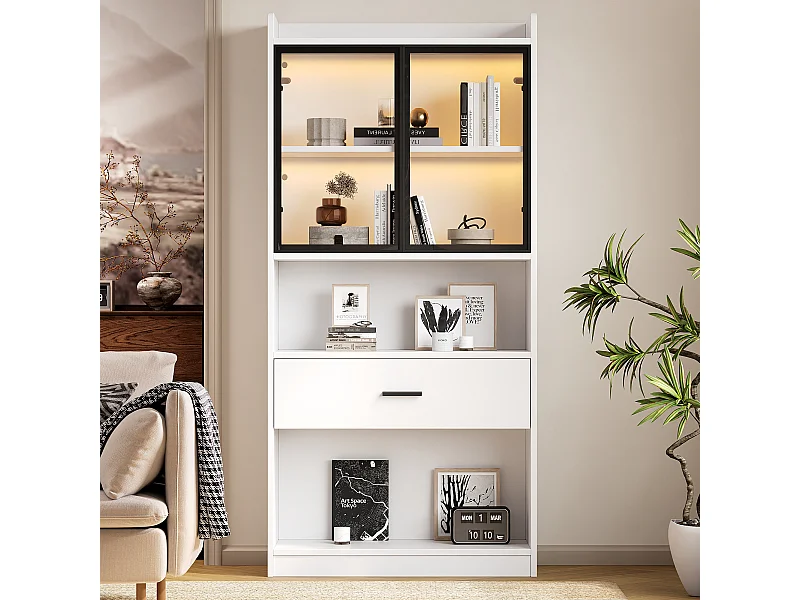 Witryna z 2 drzwiami szklanymi i 1 szufladą - 160 x 35,2 x 153,5 cm - diody LED - płyta wiórowa - biała