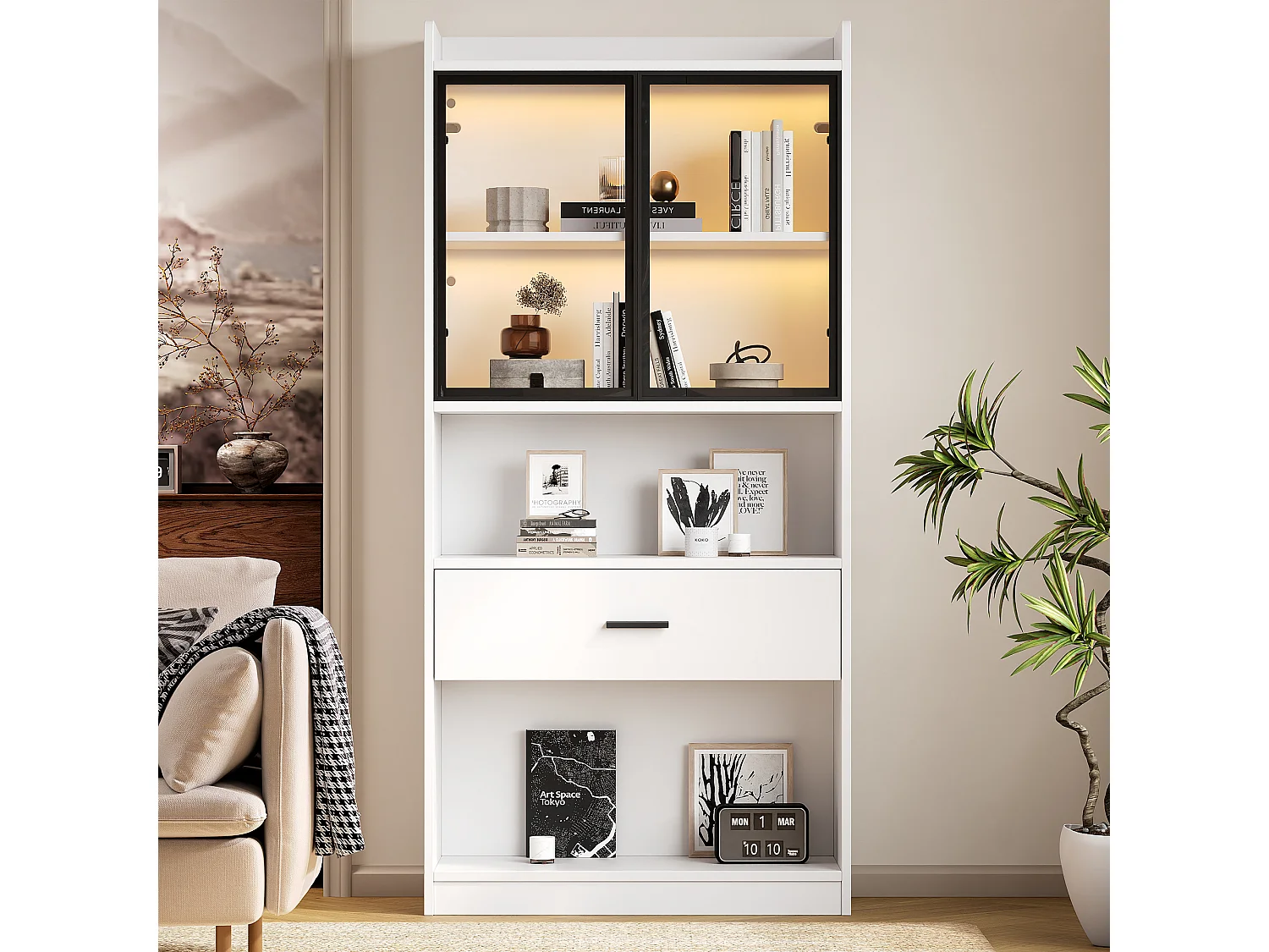 Witryna z 2 drzwiami szklanymi i 1 szufladą - 160 x 35,2 x 153,5 cm - diody LED - płyta wiórowa - biała