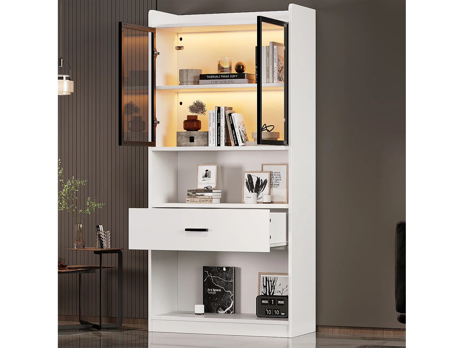 Vitrine avec 2 portes en verre et 1 tiroir - 160 x 35.2 x 153.5 cm - LEDs - Panneaux de particules - Blanc