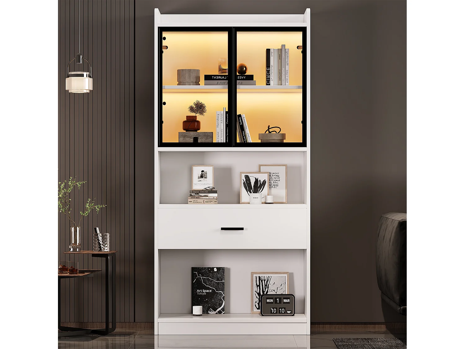 Vitrine avec 2 portes en verre et 1 tiroir - 160 x 35.2 x 153.5 cm - LEDs - Panneaux de particules - Blanc