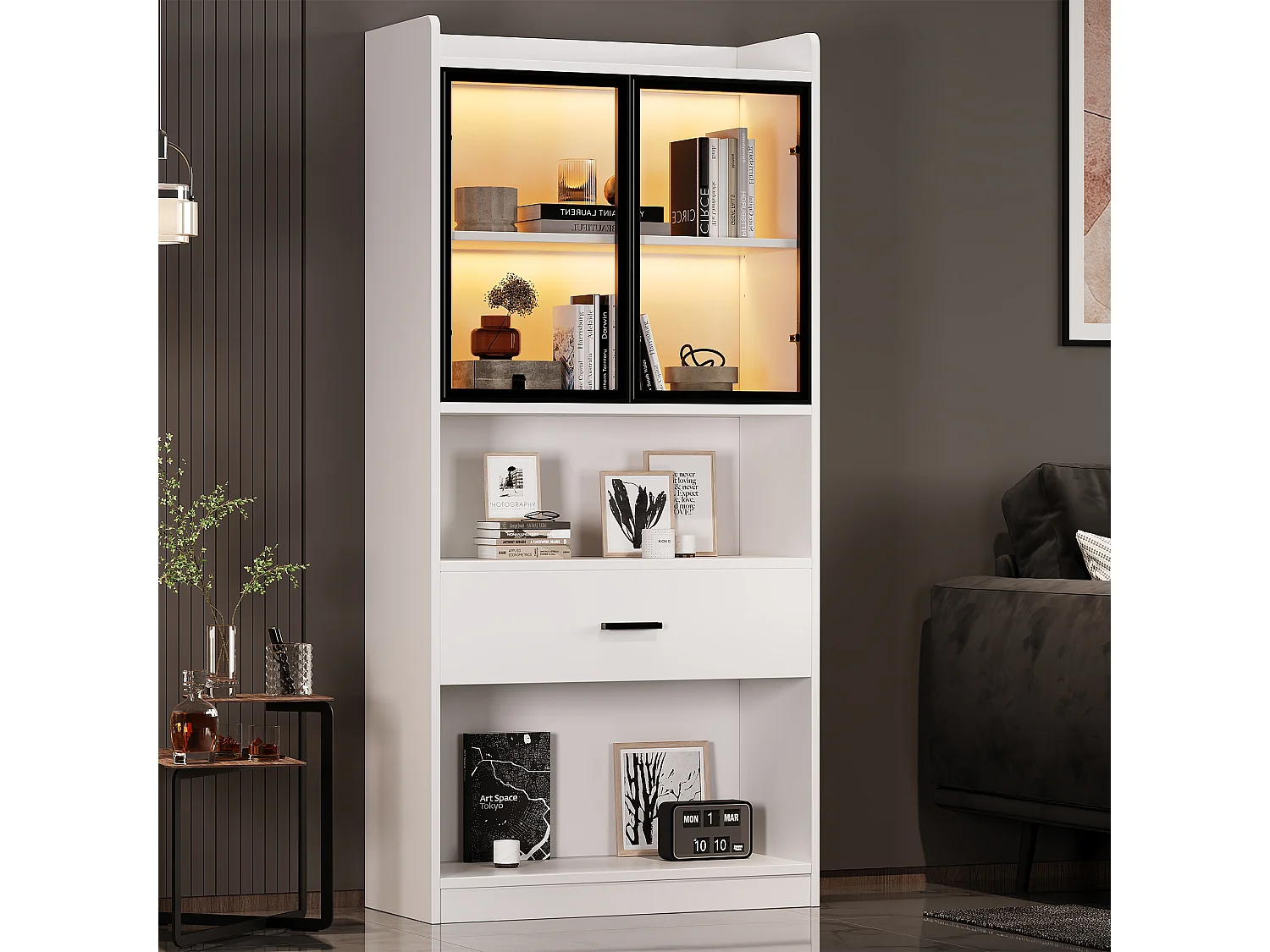 Vitrine avec 2 portes en verre et 1 tiroir - 160 x 35.2 x 153.5 cm - LEDs - Panneaux de particules - Blanc