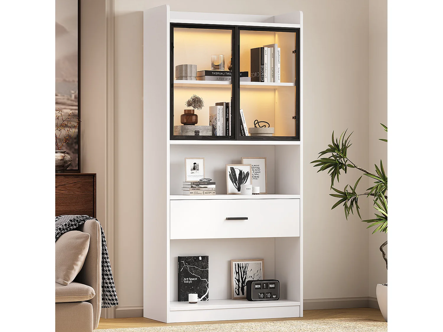 Vitrine avec 2 portes en verre et 1 tiroir - 160 x 35.2 x 153.5 cm - LEDs - Panneaux de particules - Blanc