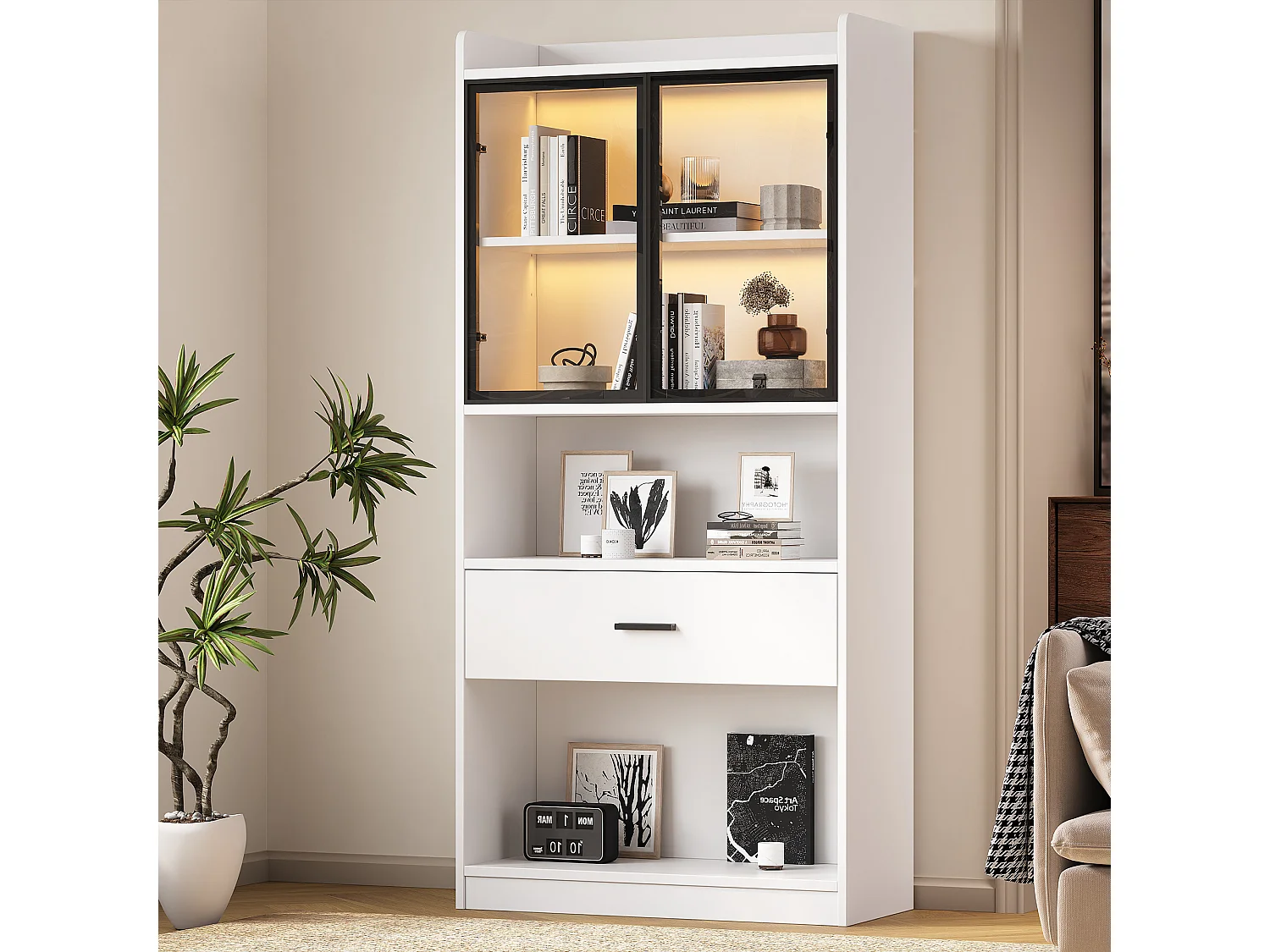 Vitrine avec 2 portes en verre et 1 tiroir - 160 x 35.2 x 153.5 cm - LEDs - Panneaux de particules - Blanc