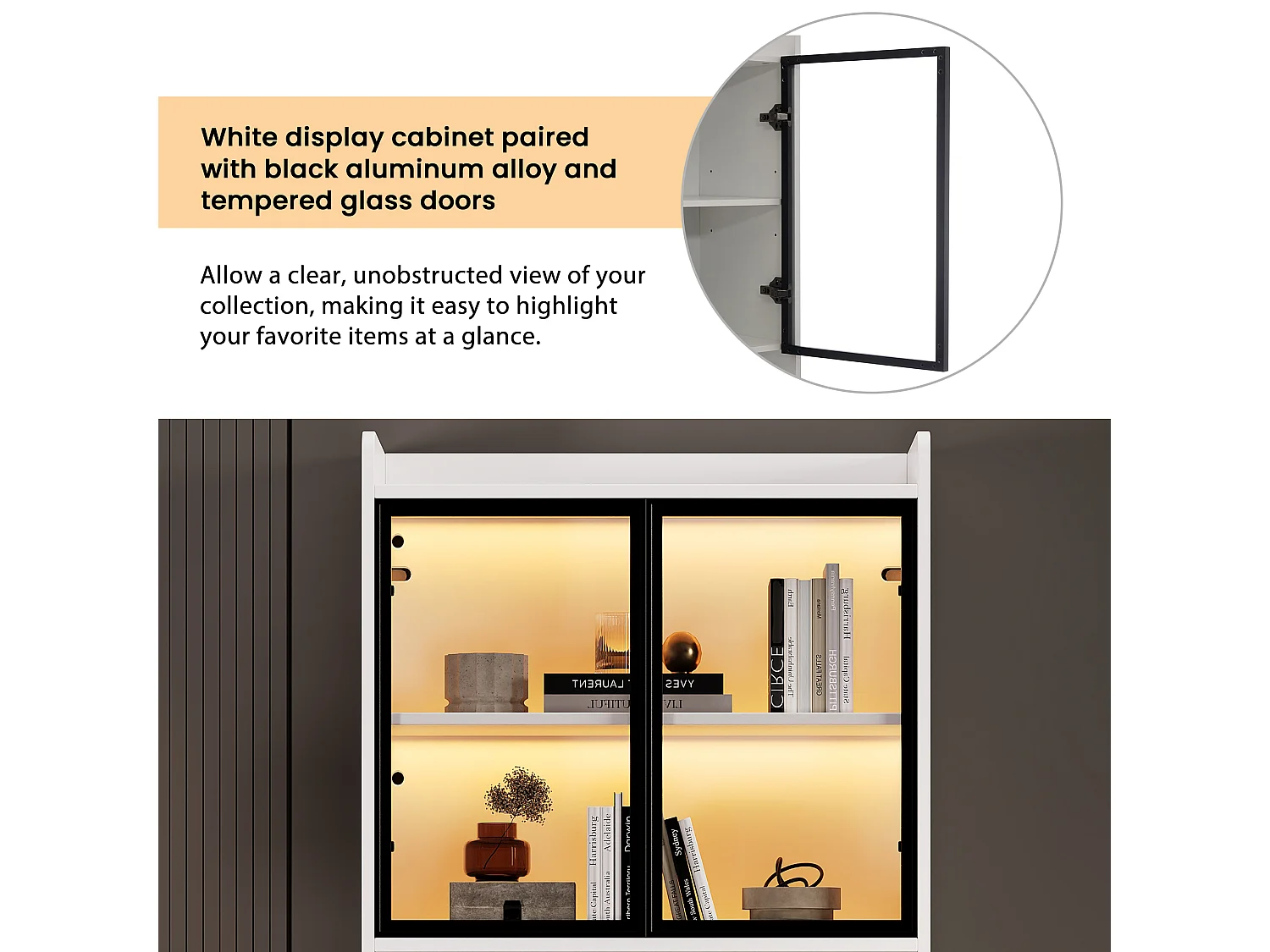 Vitrine avec 2 portes en verre et 1 tiroir - 160 x 35.2 x 153.5 cm - LEDs - Panneaux de particules - Blanc