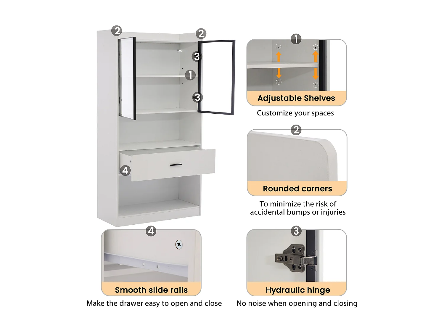 Vitrine avec 2 portes en verre et 1 tiroir - 160 x 35.2 x 153.5 cm - LEDs - Panneaux de particules - Blanc