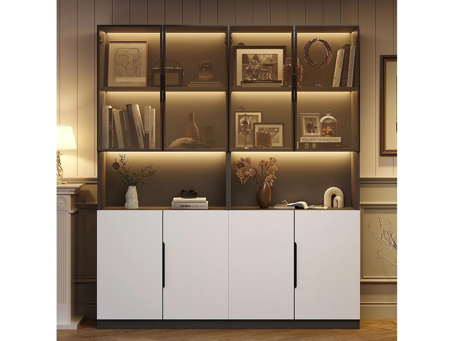 Vitrine com 8 portas - 160 x 30 x 200 cm - LEDs - Aglomerado e vidro - Branco