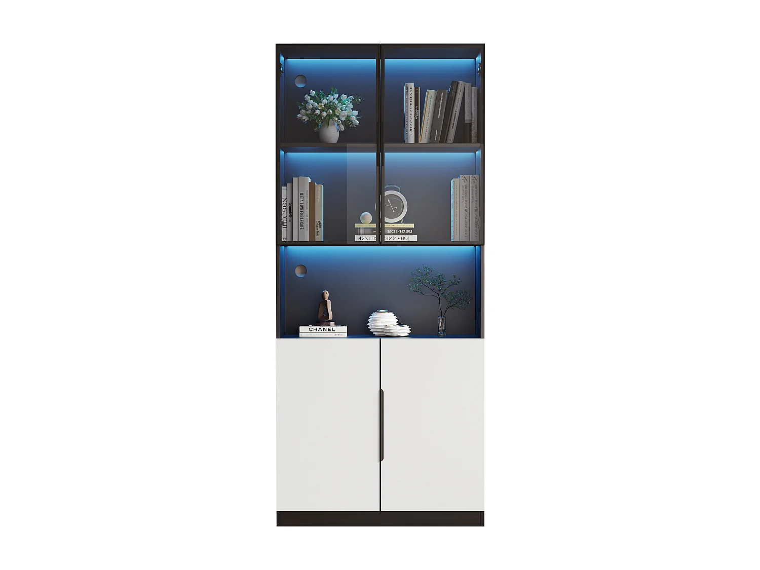 Vitrine com 8 portas - 160 x 30 x 200 cm - LEDs - Aglomerado e vidro - Branco