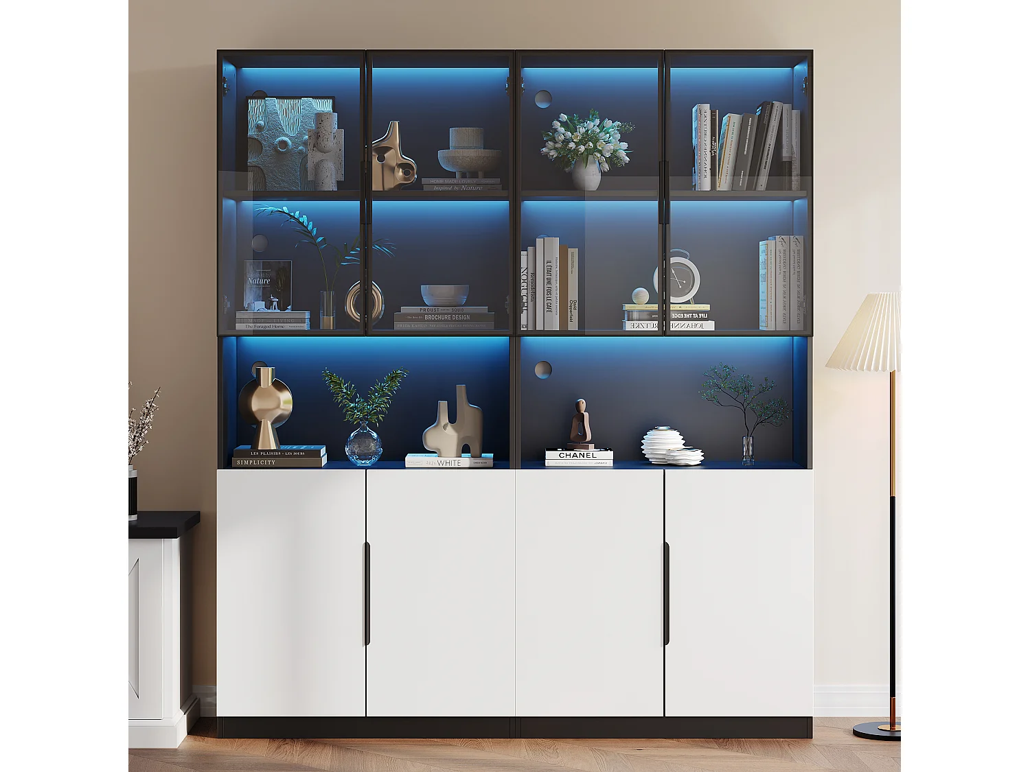 Vitrine com 8 portas - 160 x 30 x 200 cm - LEDs - Aglomerado e vidro - Branco