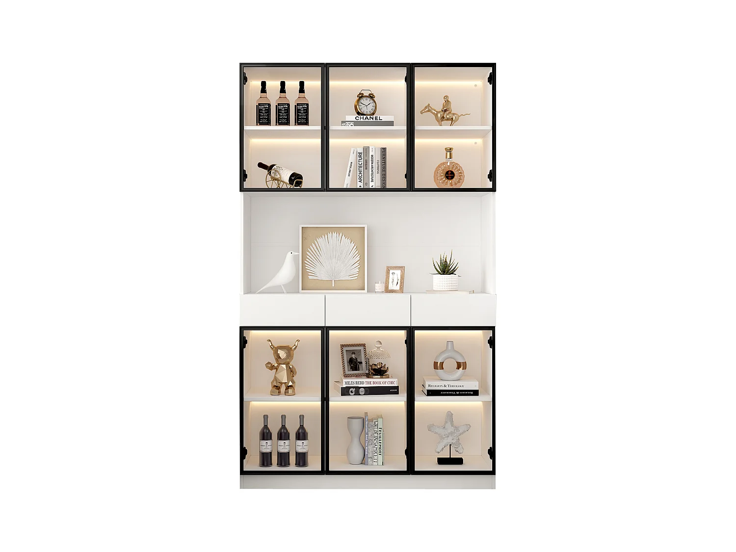 Vitrine avec 6 portes en verre et 3 tiroirs - 120 x 36 x 200 cm - LEDs - Panneaux de particules - Blanc