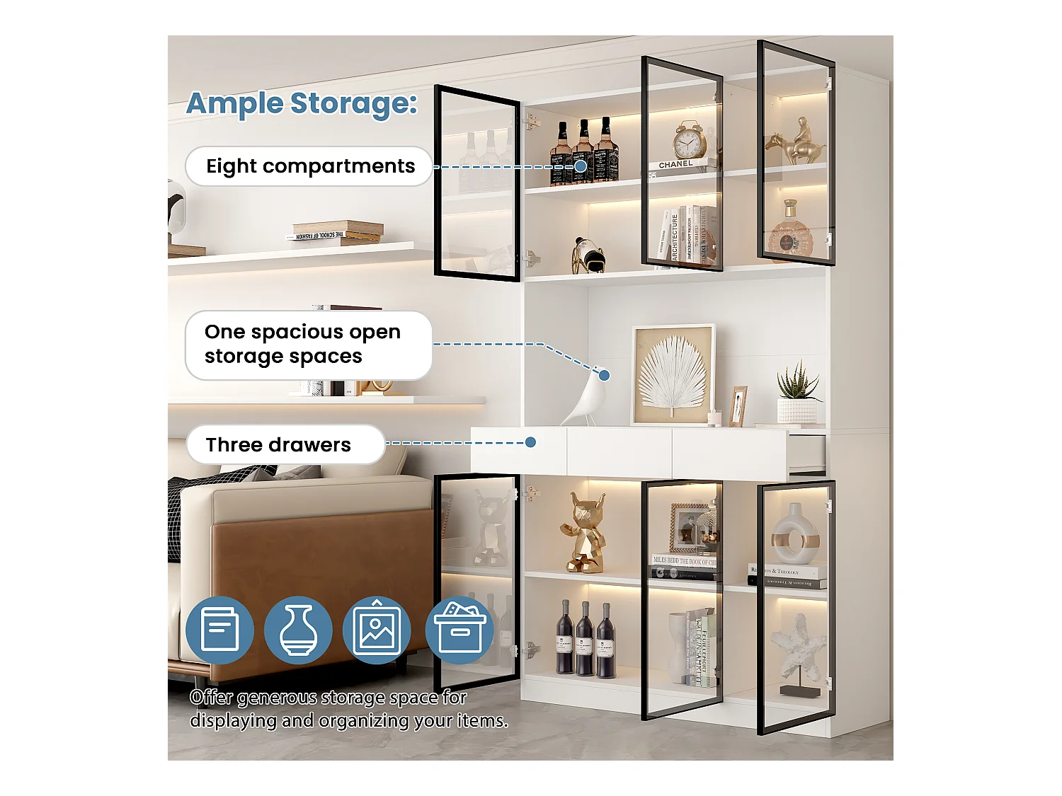 Vitrine avec 6 portes en verre et 3 tiroirs - 120 x 36 x 200 cm - LEDs - Panneaux de particules - Blanc