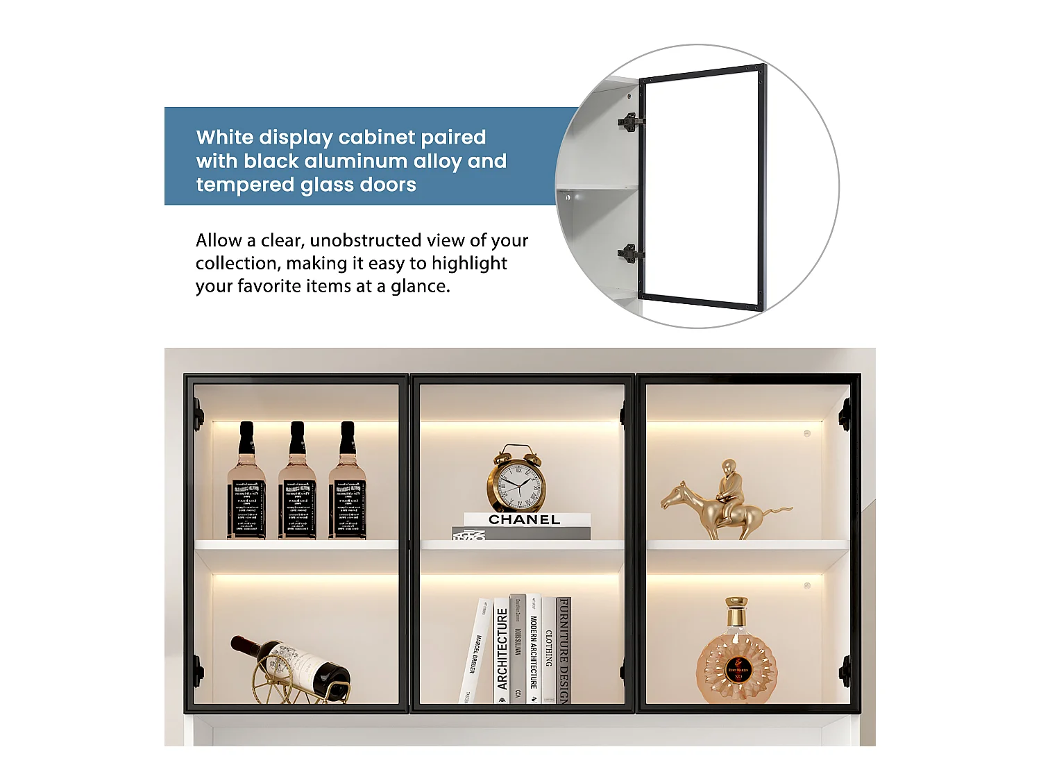 Vitrine avec 6 portes en verre et 3 tiroirs - 120 x 36 x 200 cm - LEDs - Panneaux de particules - Blanc