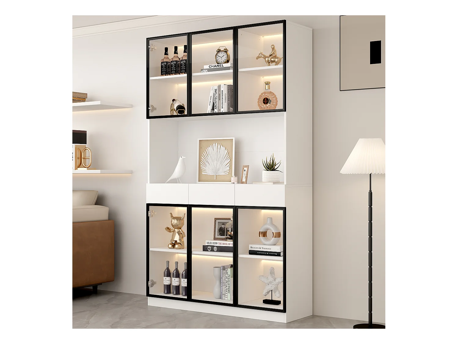 Vitrine mit 6 Glastüren und 3 Schubladen - 240 x 36 x 200 cm - LEDs - Spanplatte - Weiß