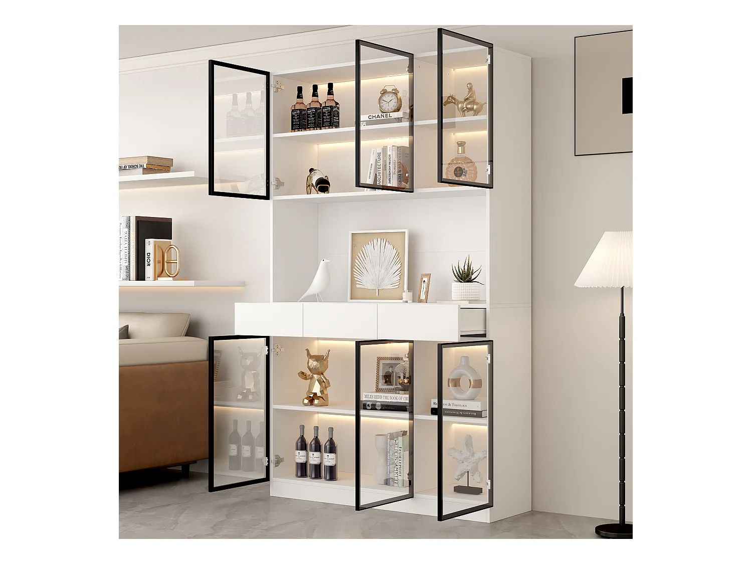 Vitrine avec 6 portes en verre et 3 tiroirs - 120 x 36 x 200 cm - LEDs - Panneaux de particules - Blanc