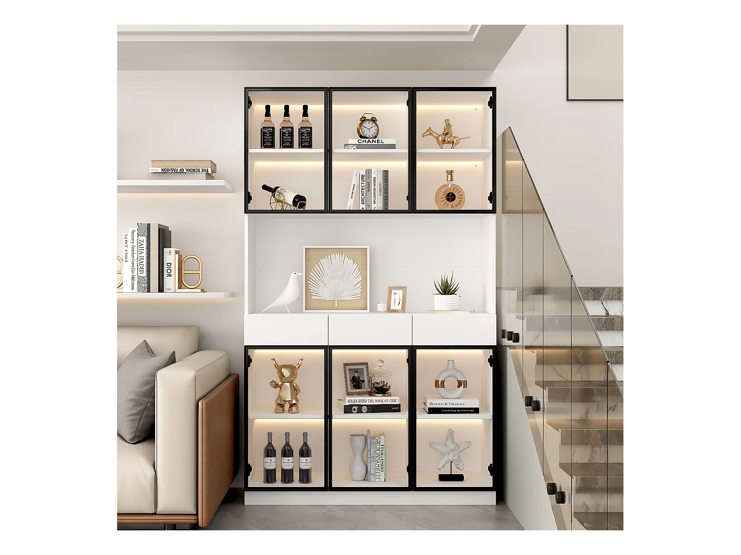 Vitrine avec 6 portes en verre et 3 tiroirs - 120 x 36 x 200 cm - LEDs - Panneaux de particules - Blanc