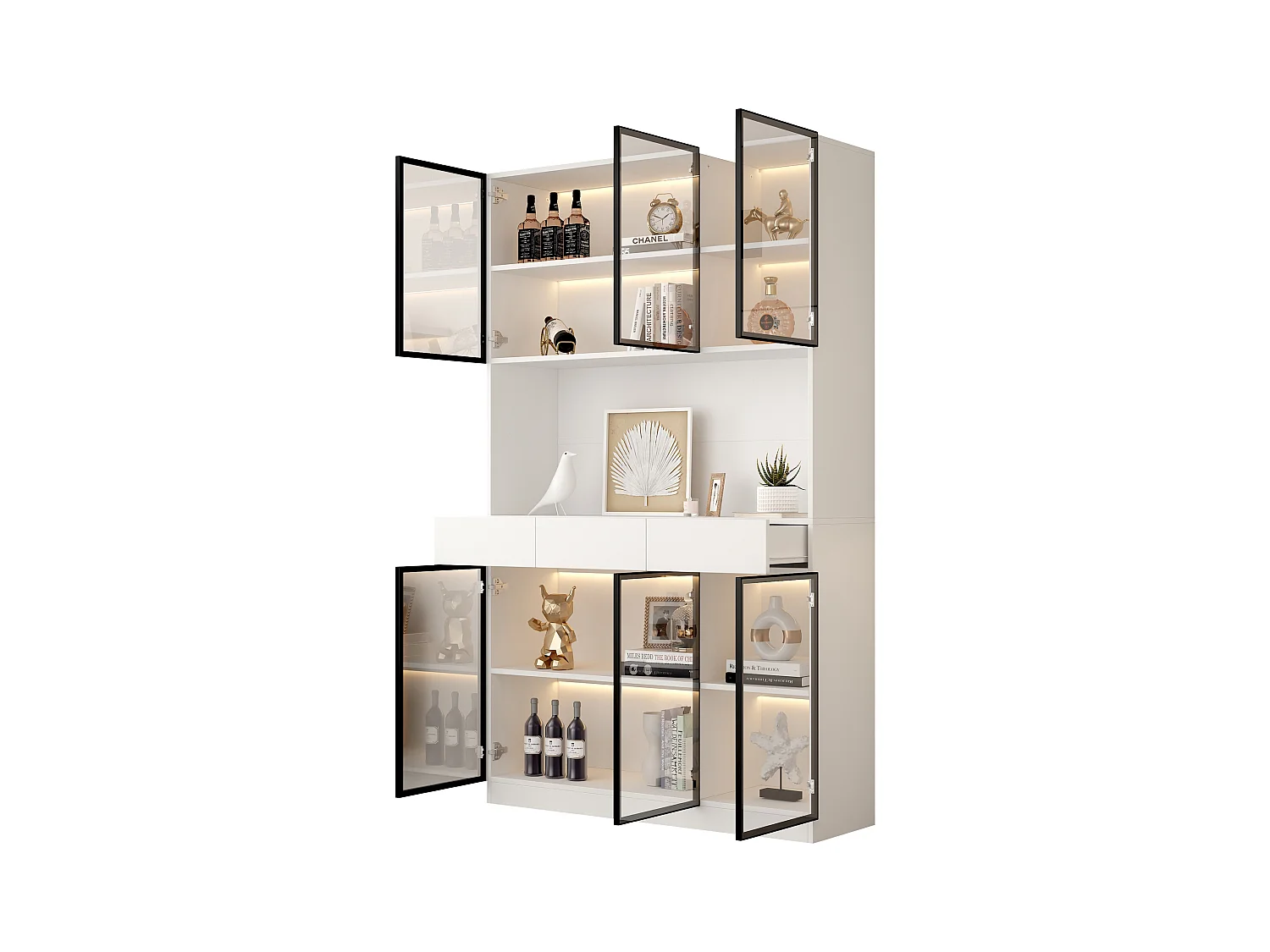 Vitrine avec 6 portes en verre et 3 tiroirs - 120 x 36 x 200 cm - LEDs - Panneaux de particules - Blanc