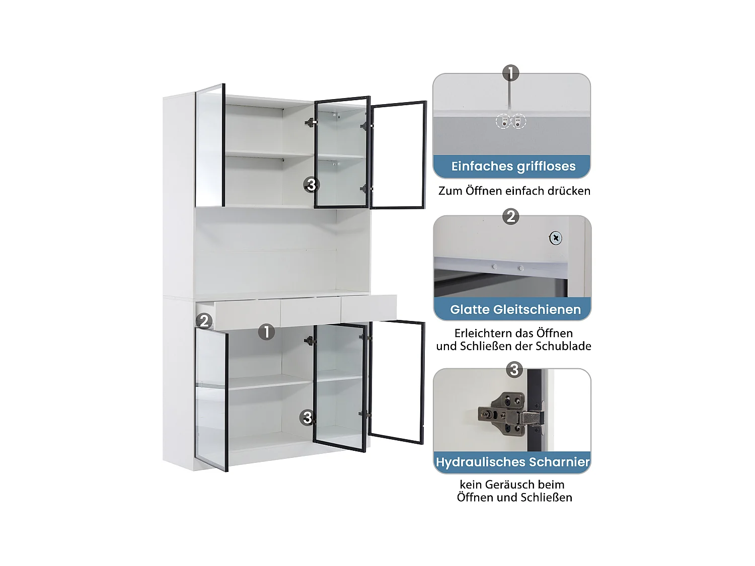 Vitrine avec 6 portes en verre et 3 tiroirs - 120 x 36 x 200 cm - LEDs - Panneaux de particules - Blanc