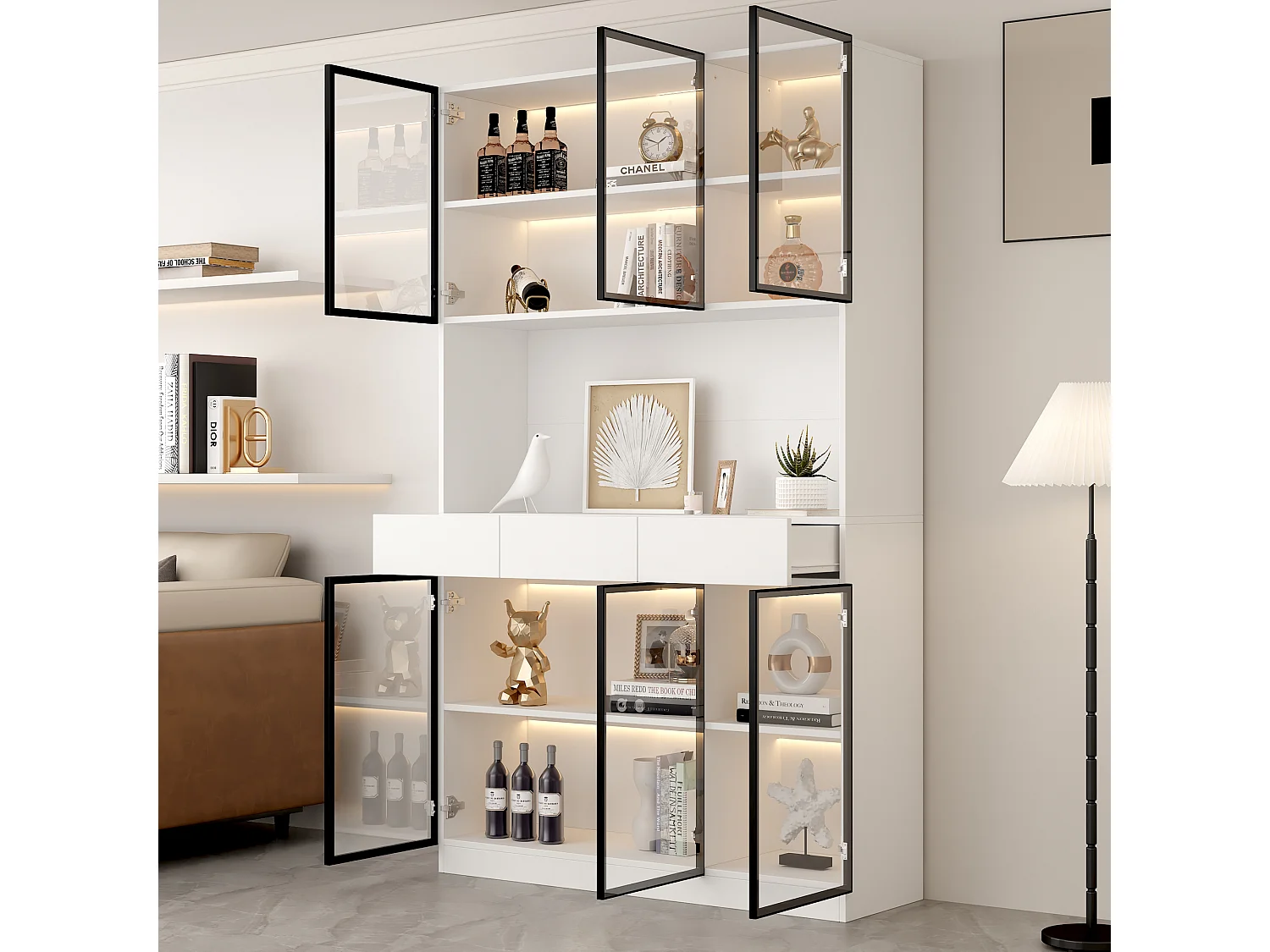 Vitrine avec 6 portes en verre et 3 tiroirs - 120 x 36 x 200 cm - LEDs - Panneaux de particules - Blanc